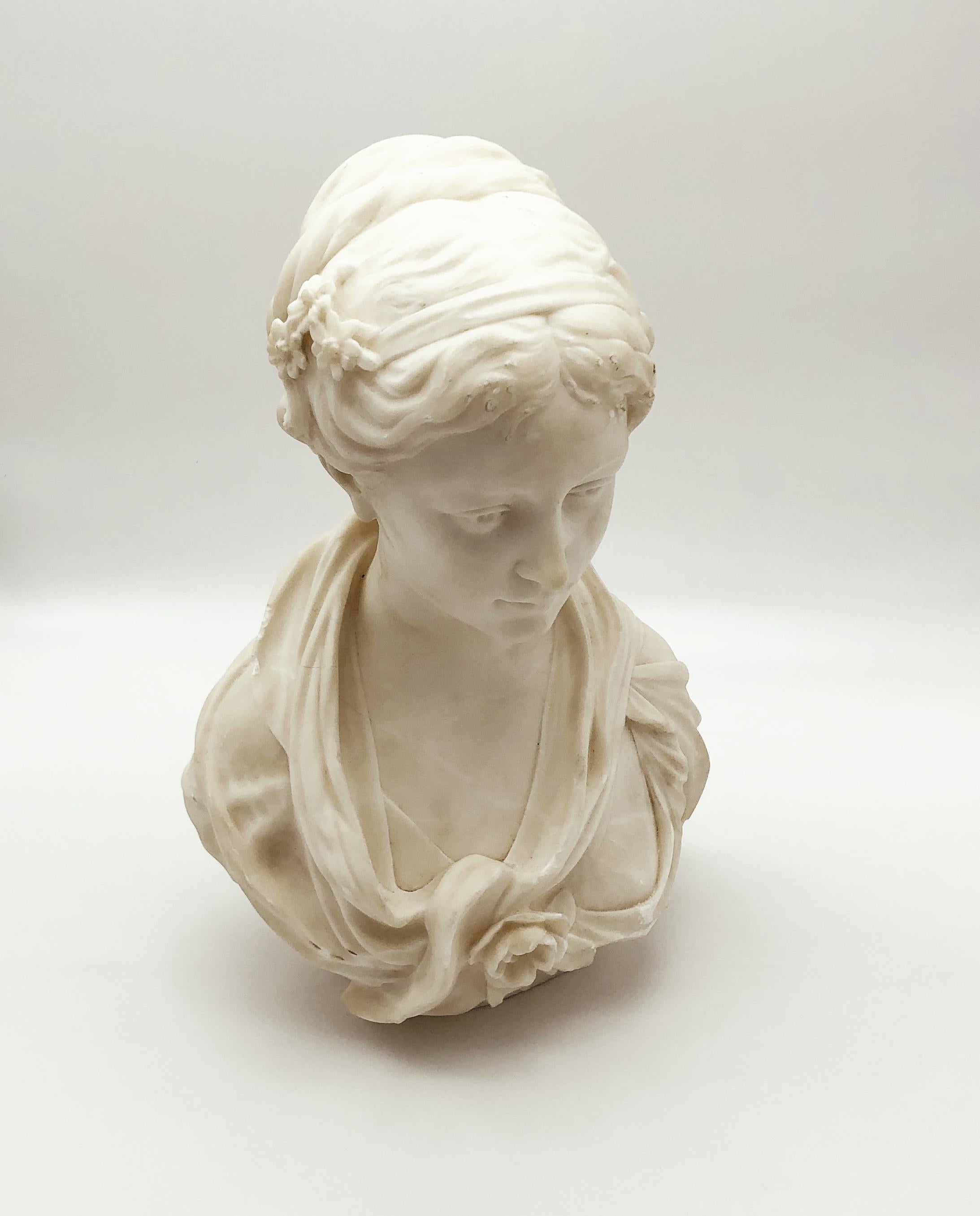 19th Century White Marble Neoclassical Sculpture of Young Woman Signed Gregoire For Sale 1