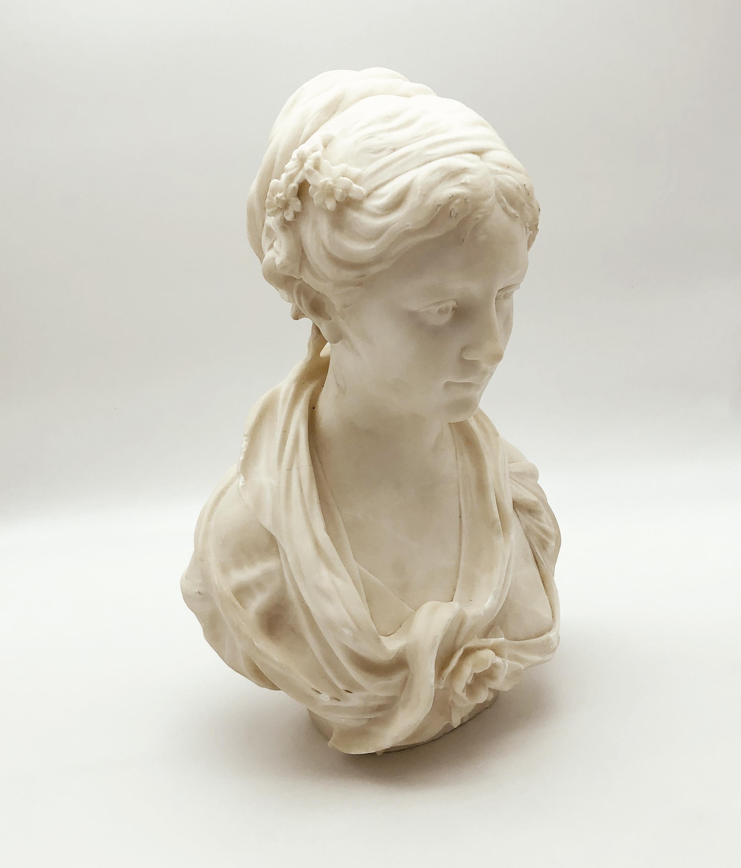 19th Century White Marble Neoclassical Sculpture of Young Woman Signed Gregoire For Sale 2