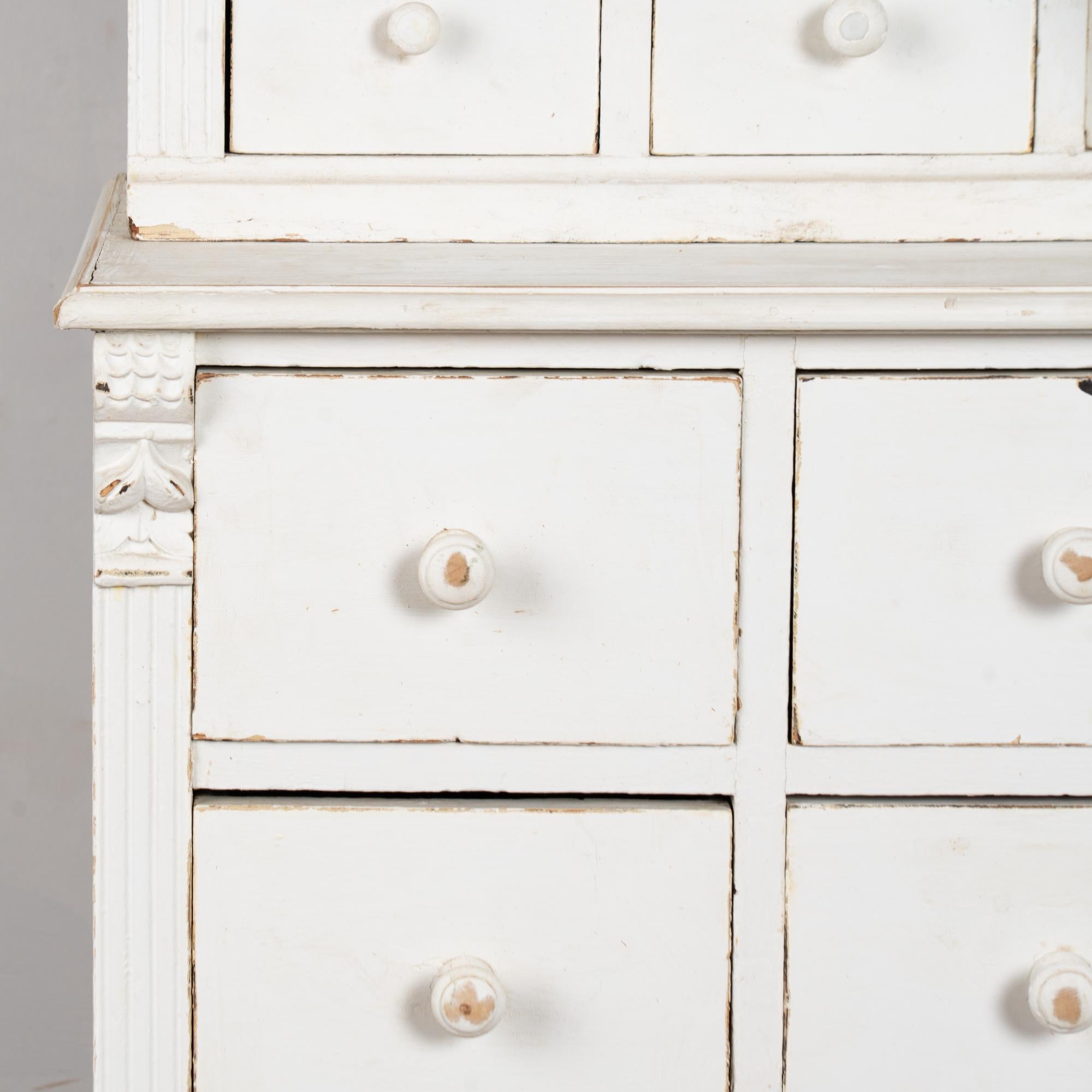 19th Century White Narrow Pine Bookcase Display Cabinet with Apothecary Drawers For Sale 5