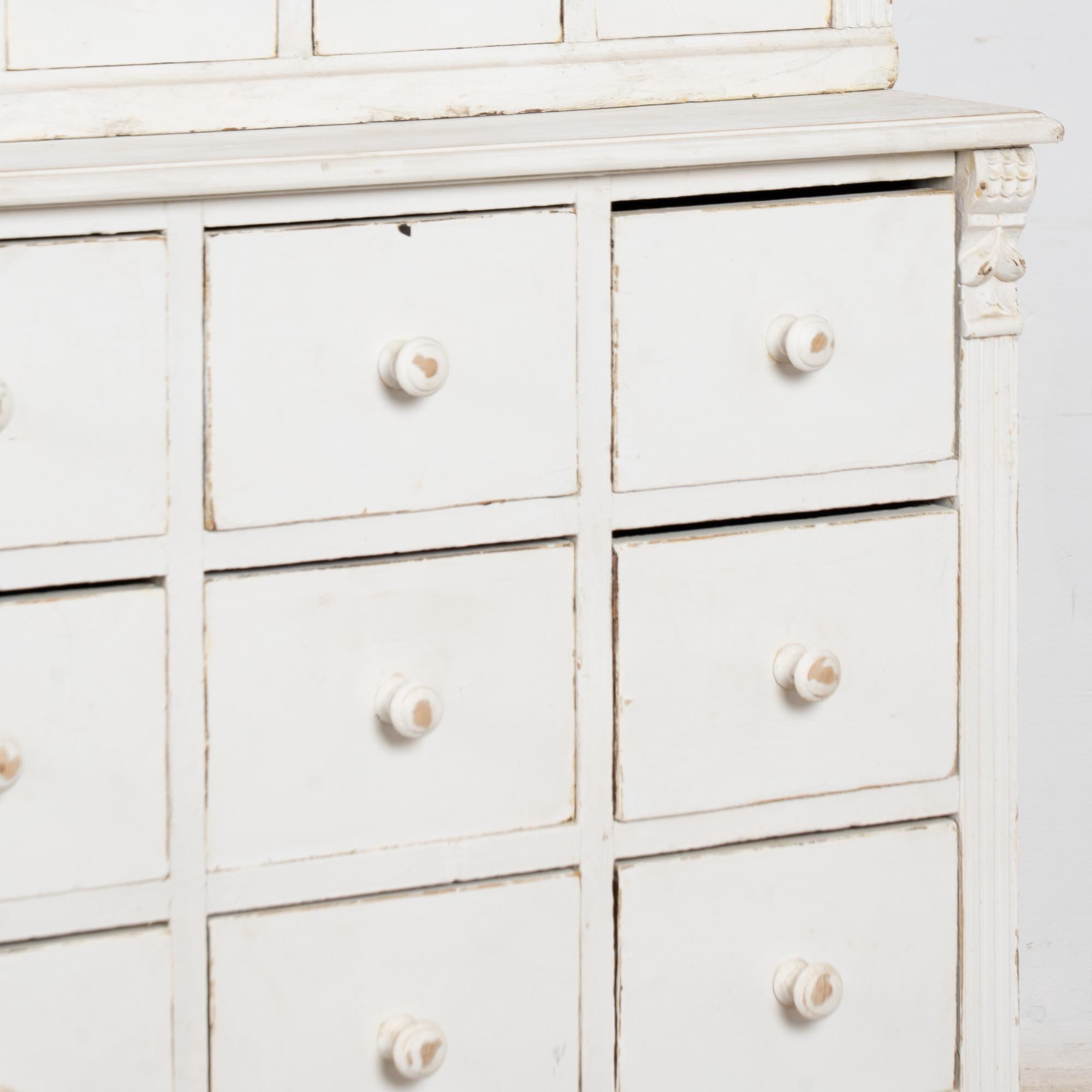 19th Century White Narrow Pine Bookcase Display Cabinet with Apothecary Drawers For Sale 6