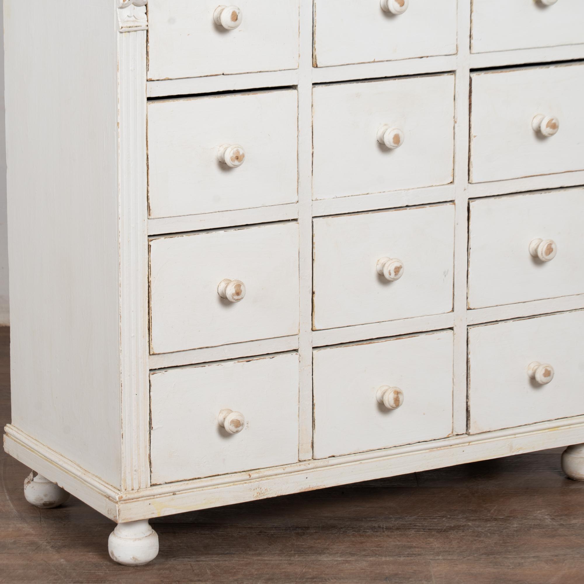 19th Century White Narrow Pine Bookcase Display Cabinet with Apothecary Drawers For Sale 7
