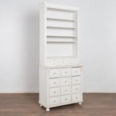 19th Century White Narrow Pine Bookcase Display Cabinet with Apothecary Drawers