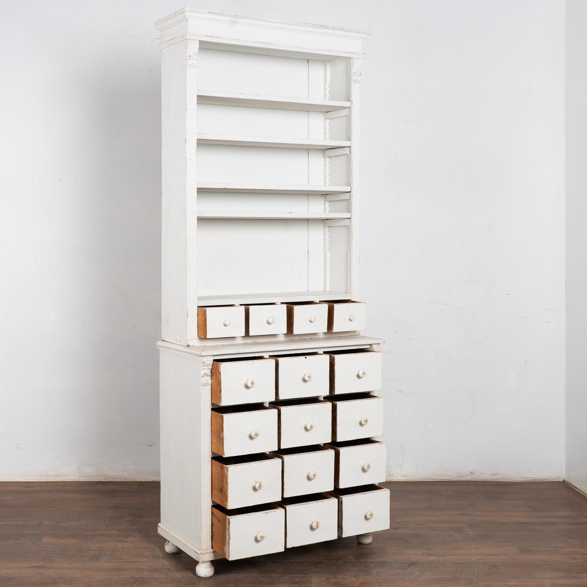 Country 19th Century White Narrow Pine Bookcase Display Cabinet with Apothecary Drawers For Sale