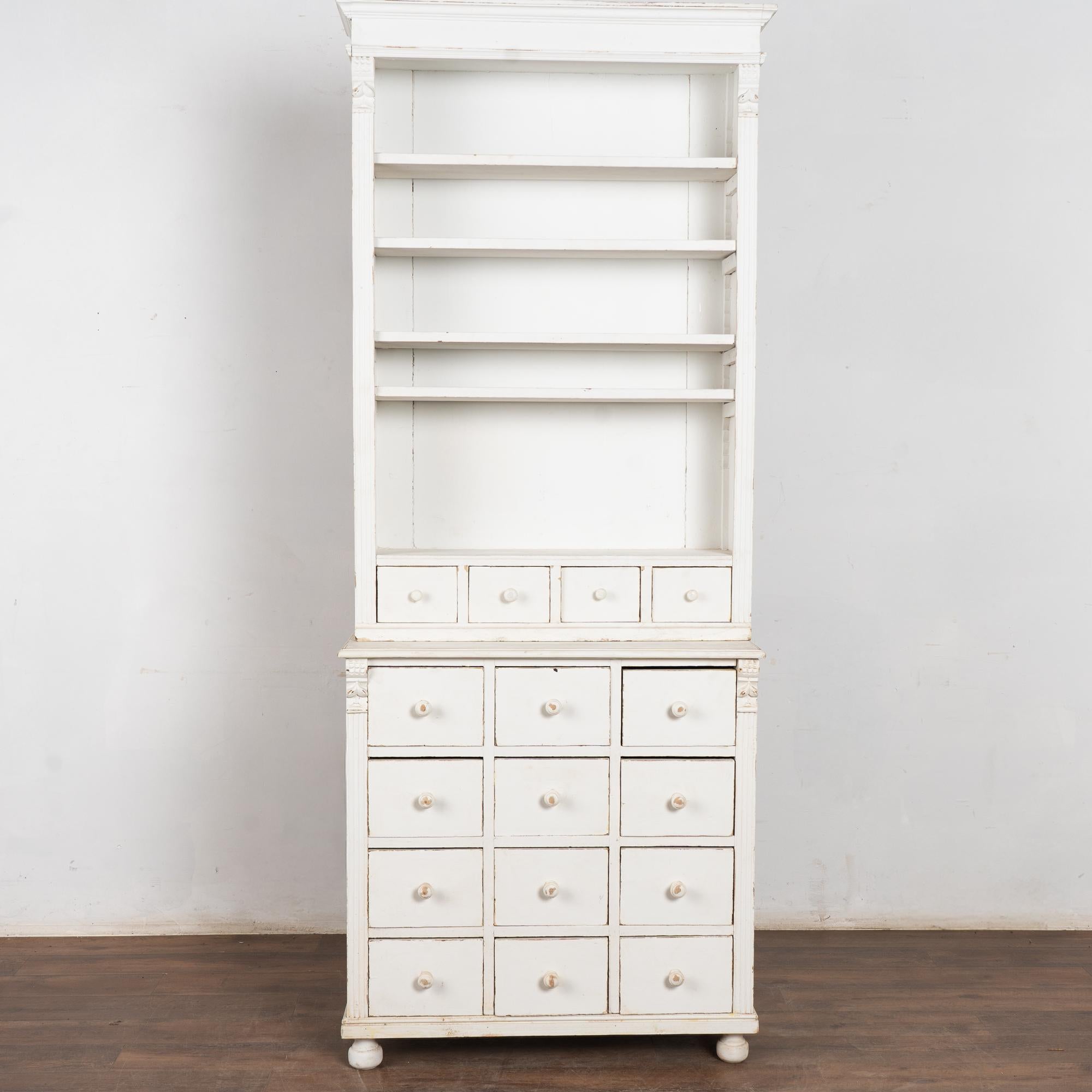 Hungarian 19th Century White Narrow Pine Bookcase Display Cabinet with Apothecary Drawers For Sale
