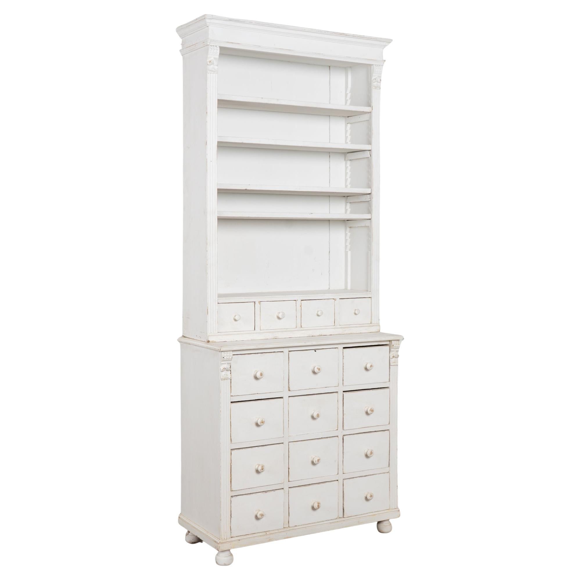 19th Century White Narrow Pine Bookcase Display Cabinet with Apothecary Drawers For Sale