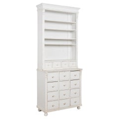 Antique 19th Century White Narrow Pine Bookcase Display Cabinet with Apothecary Drawers
