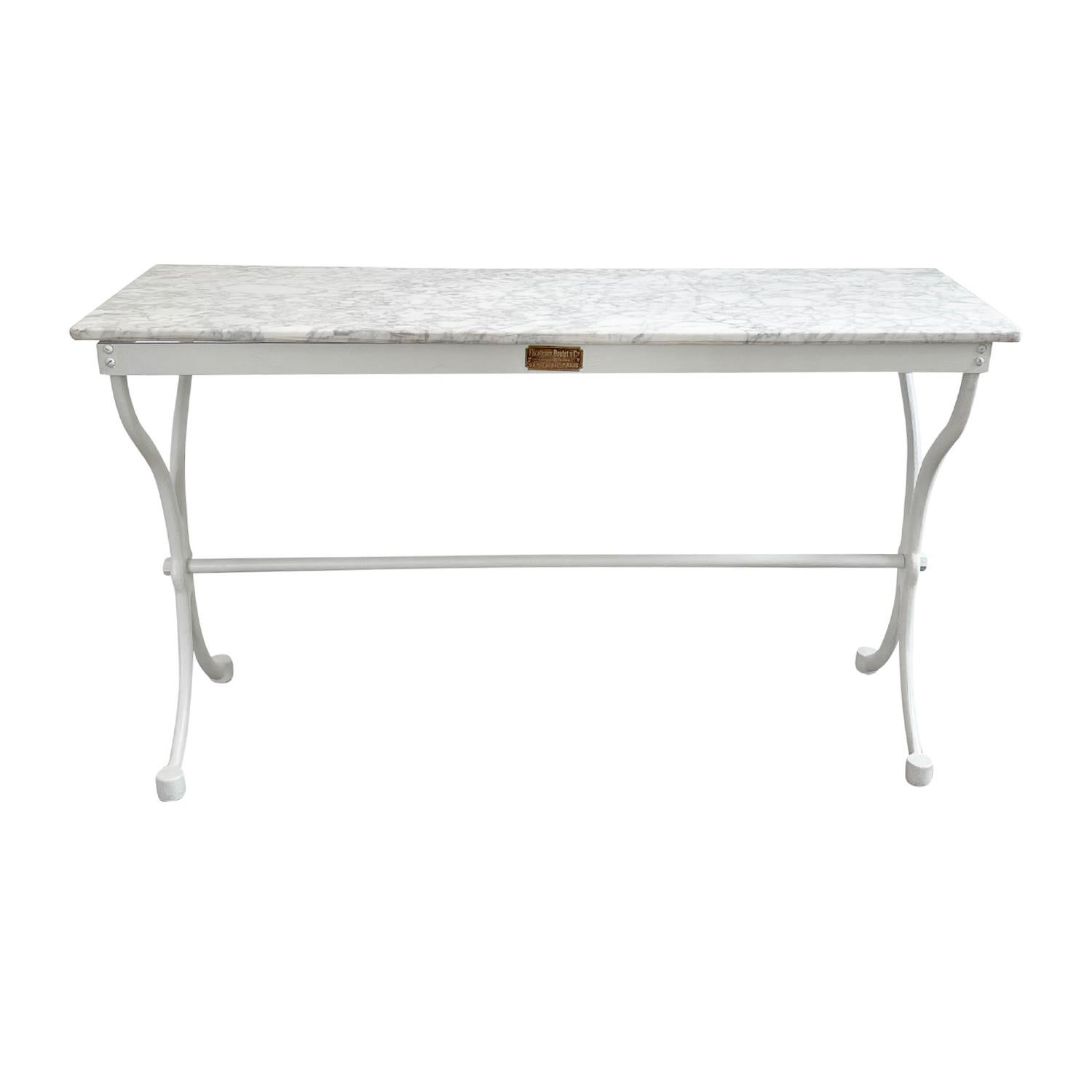 Belle Époque 19th Century White Carrara Marble Top Console Table, French Iron Side Table