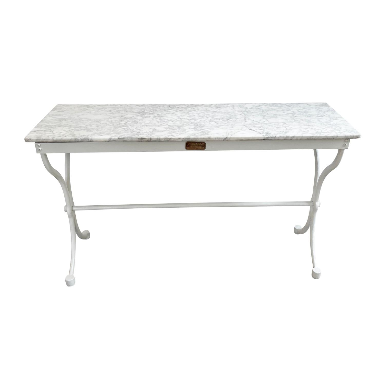 Cast 19th Century White Carrara Marble Top Console Table, French Iron Side Table