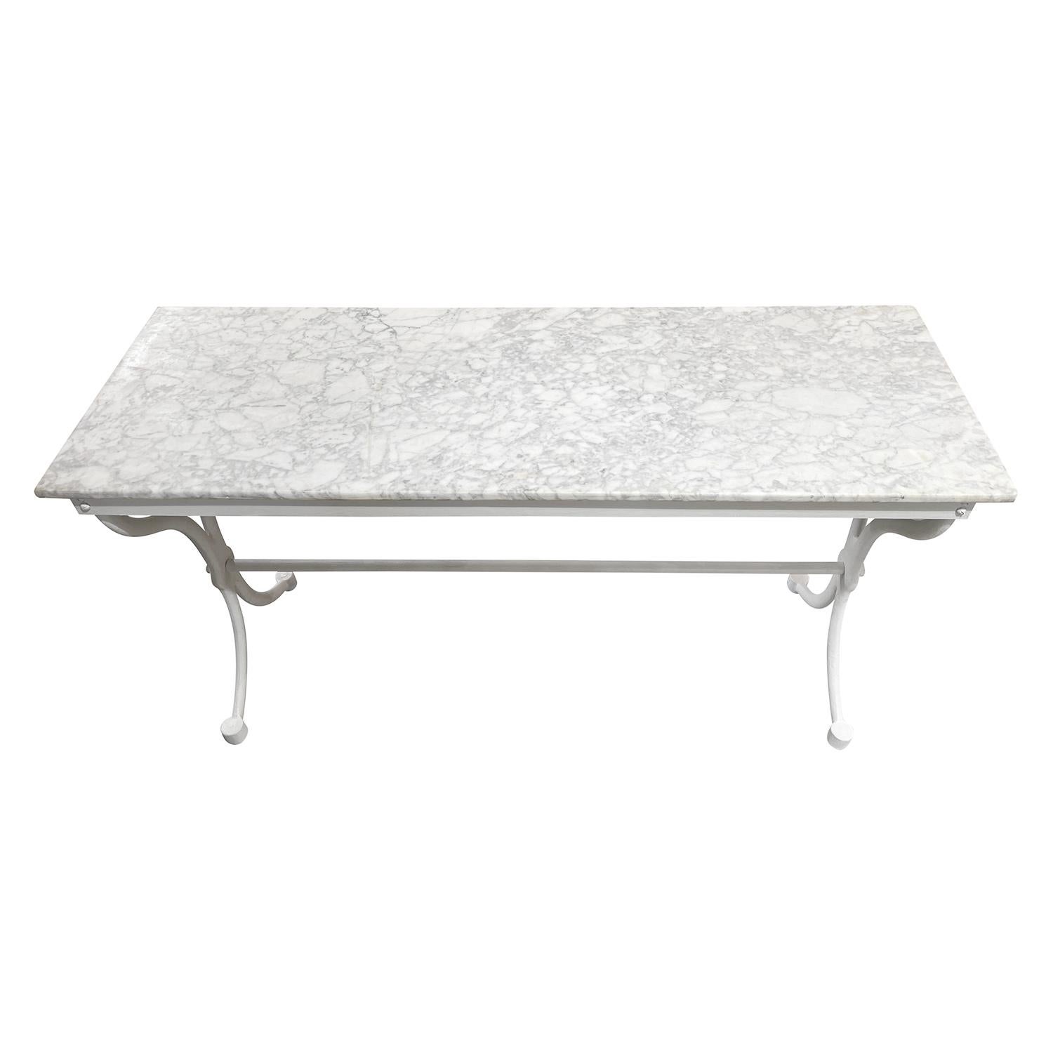 19th Century White Carrara Marble Top Console Table, French Iron Side Table In Good Condition In West Palm Beach, FL