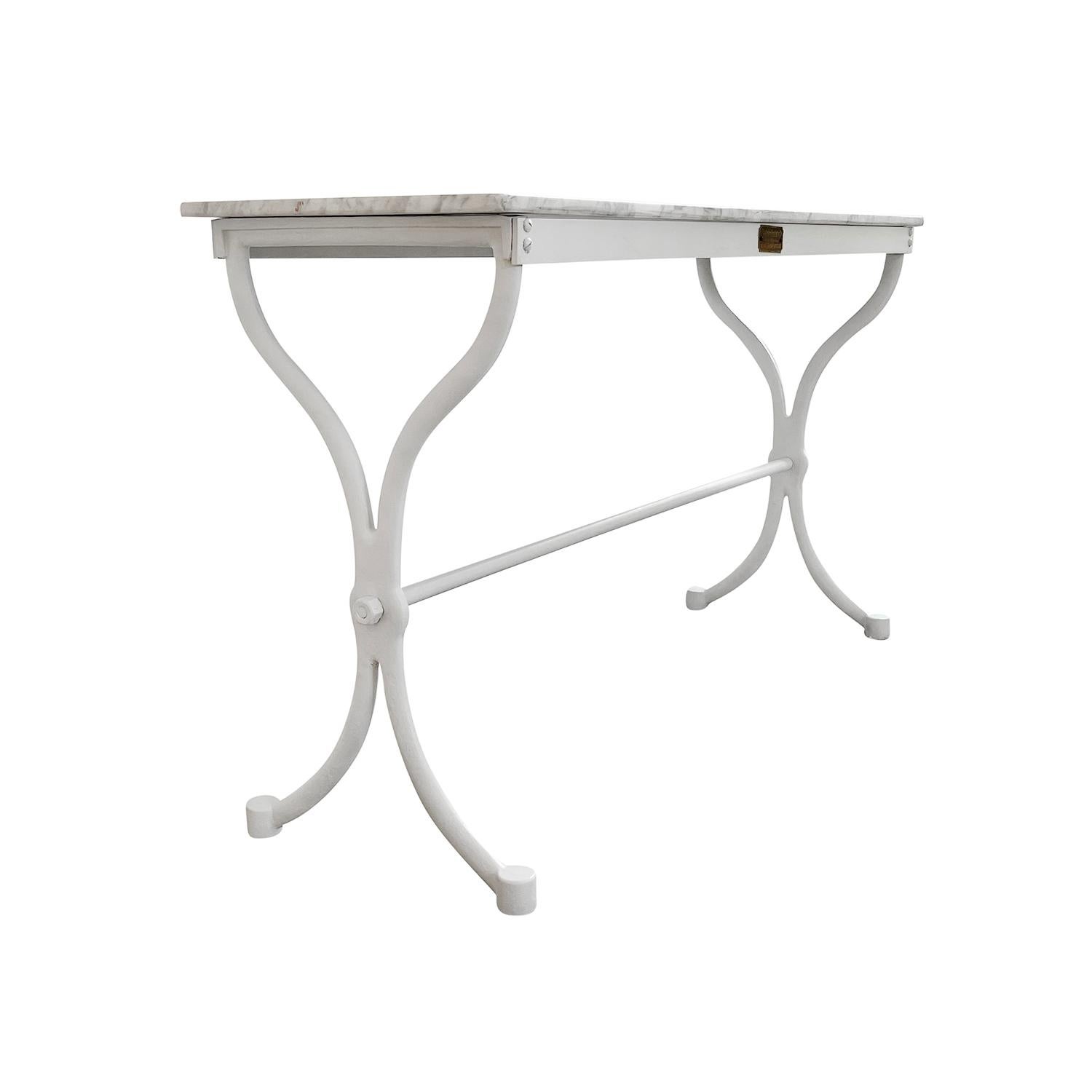 Metal 19th Century White Carrara Marble Top Console Table, French Iron Side Table