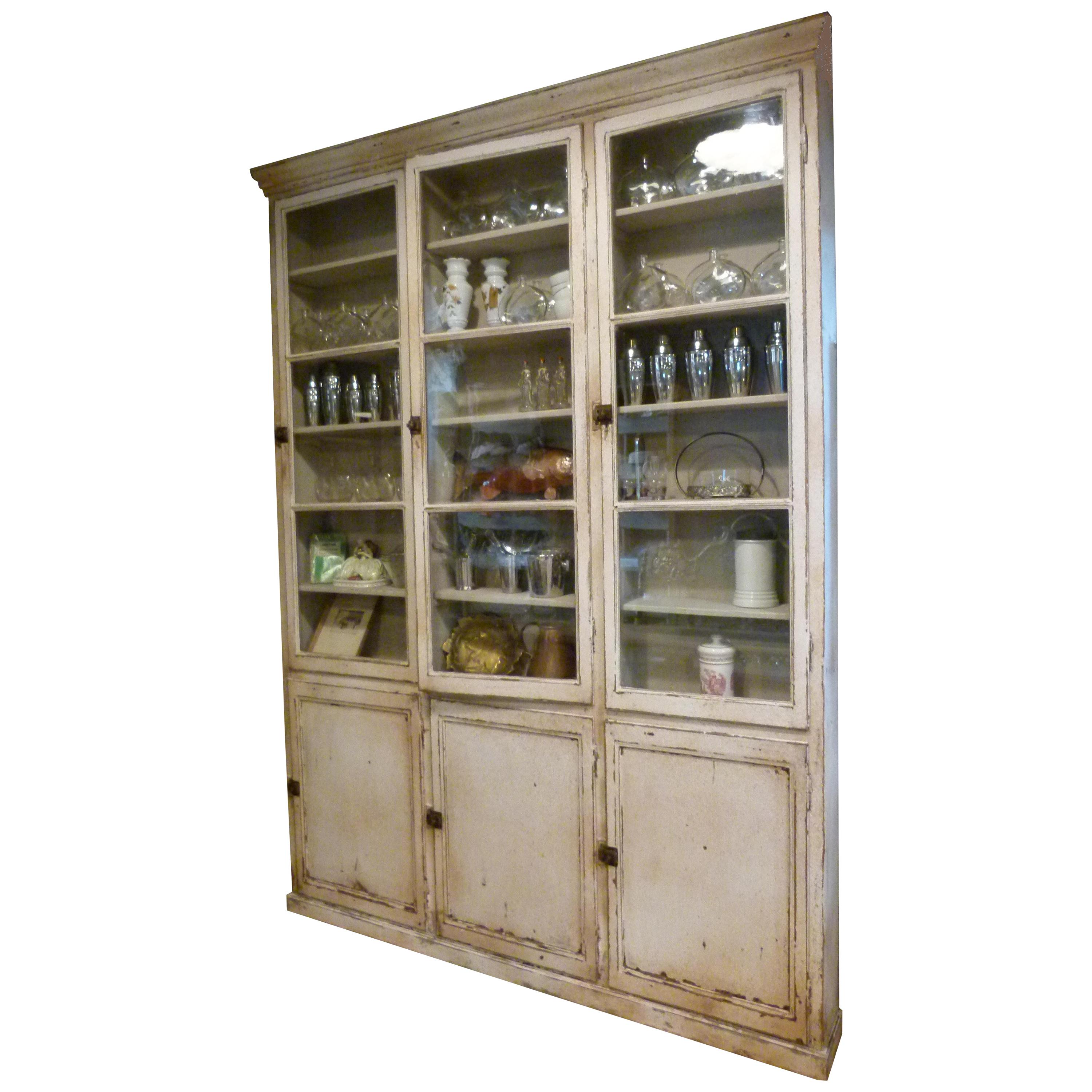19th Century White Patinated Spanish Glass Front Apothecary Cabinet