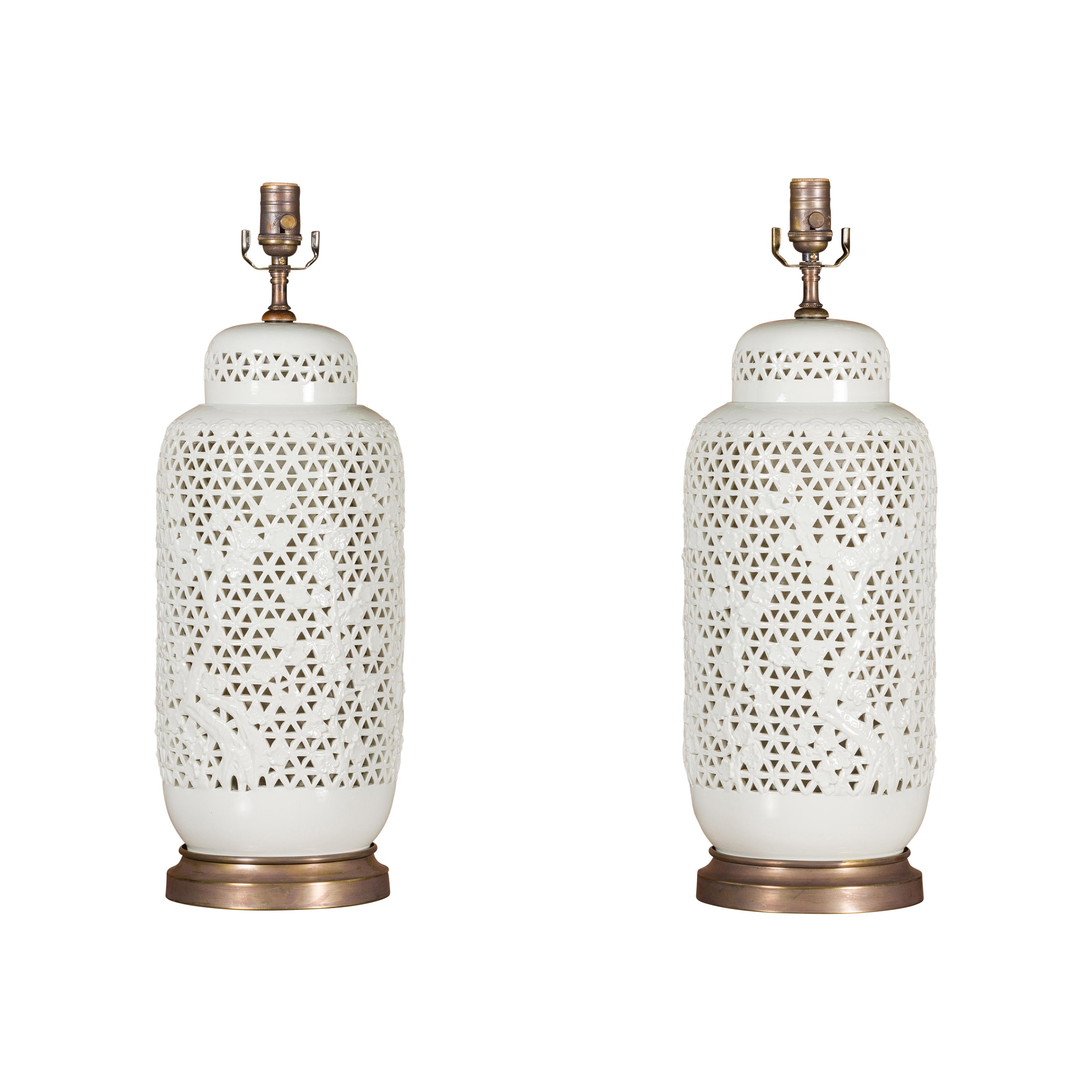19th Century White Porcelain Vases with Floral Décor Made into Table Lamps, Pair For Sale 12