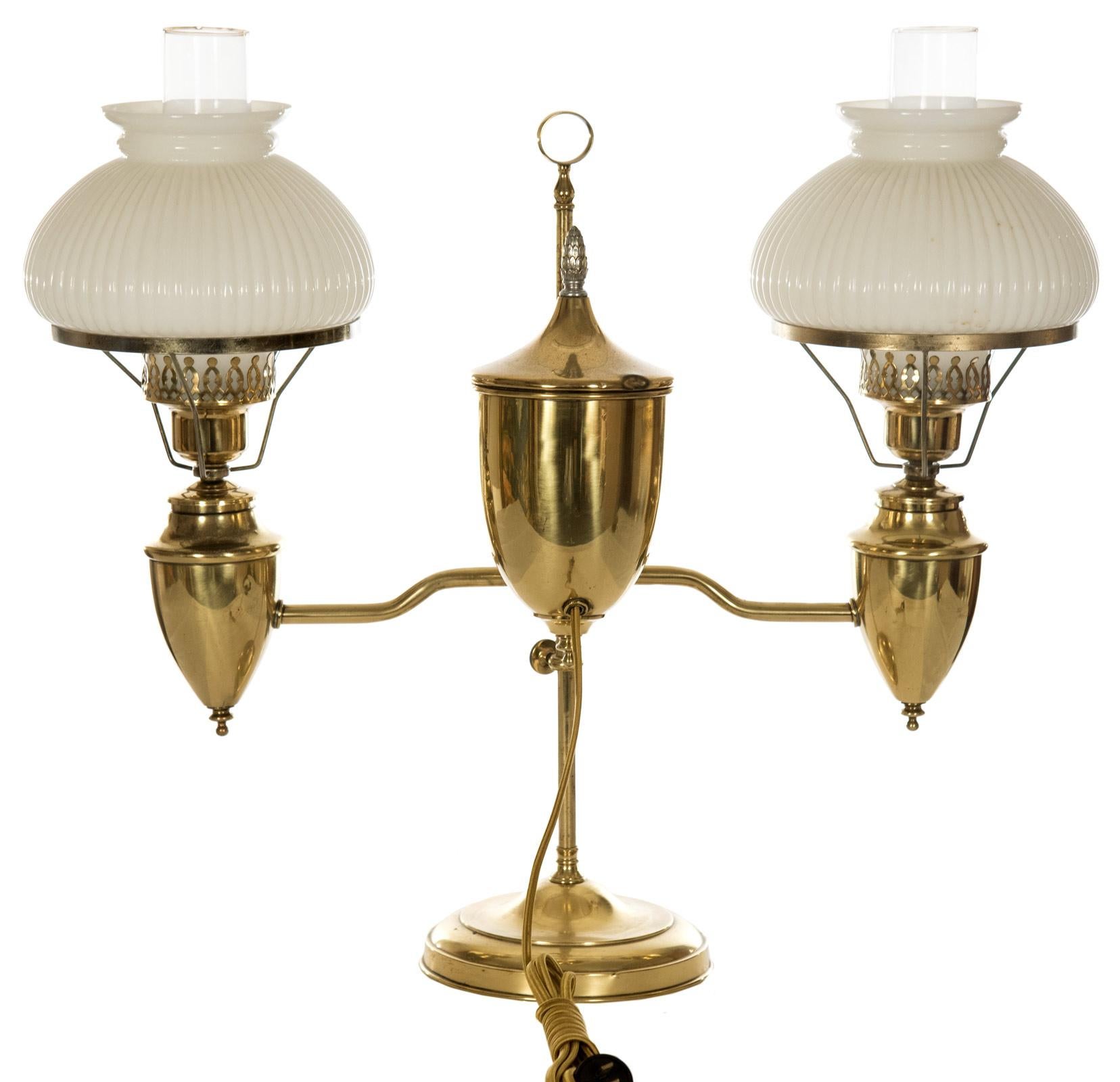 Victorian 19th Century White Ribbed Case Glass Double Student Lamp For Sale