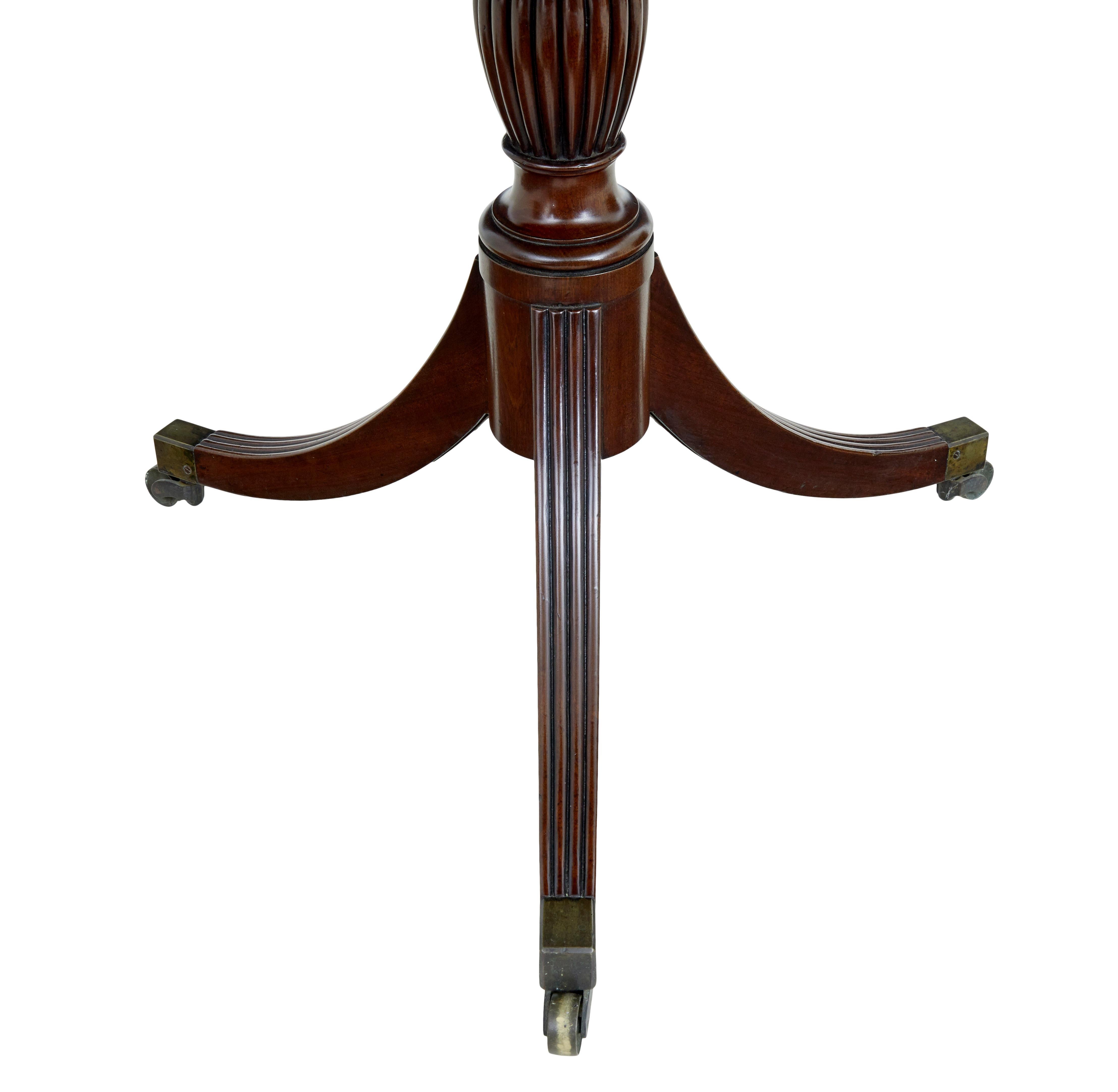 19th century William IV mahogany 2 tier dumb waiter circa 1830.

Good quality 2 tier dumb waiter with 2 circular surfaces with moulded edge.  Tiers united by a turned columns with fluted detailing.  Standing on 3 reeded legs with brass castors. 