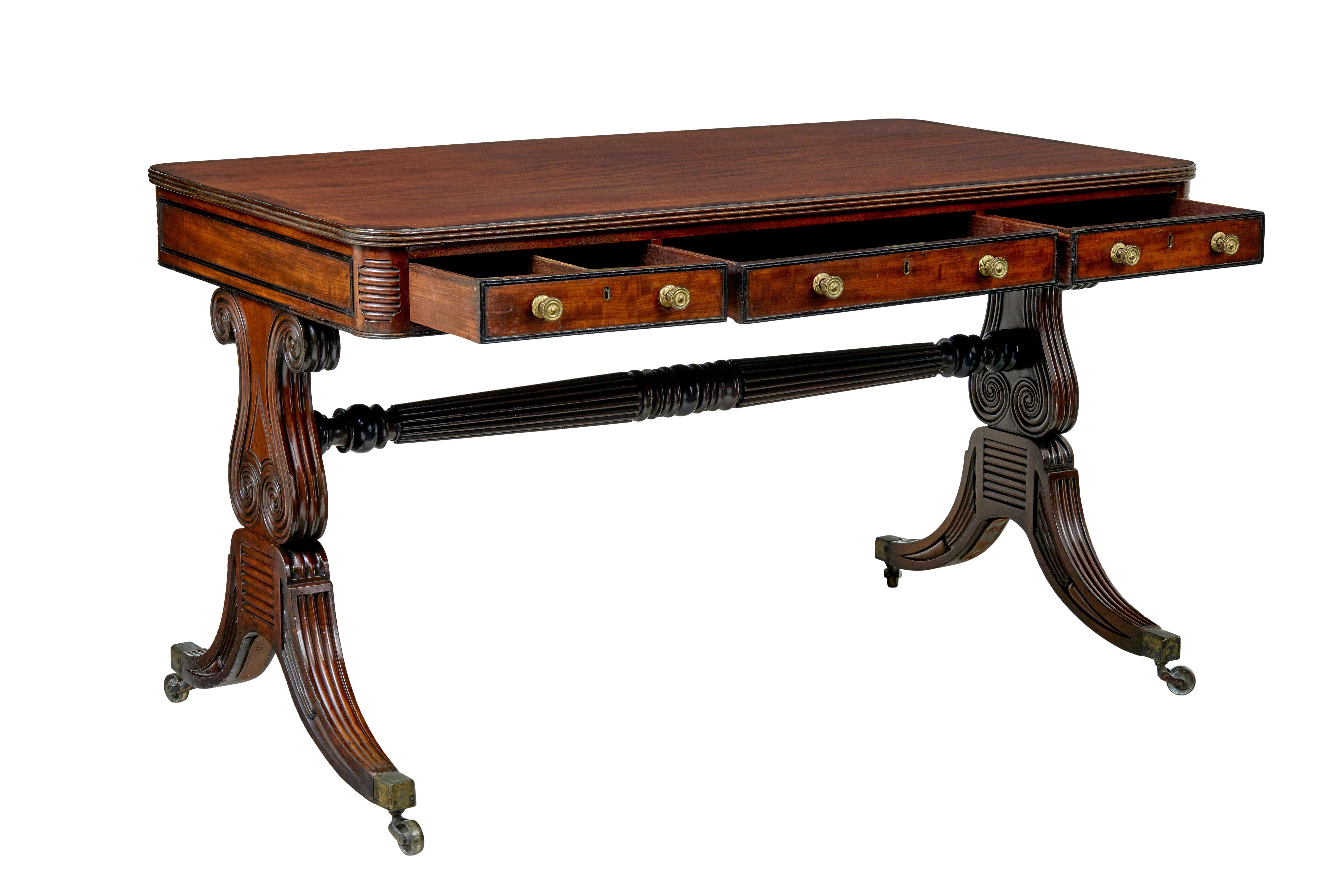 19th century william iv mahogany library desk circa 1835.

We are pleased to offer this William IV period library table in it's original patina.

Writing surface showcases the beautiful grain in the timber and the slightly contrasting cross banded