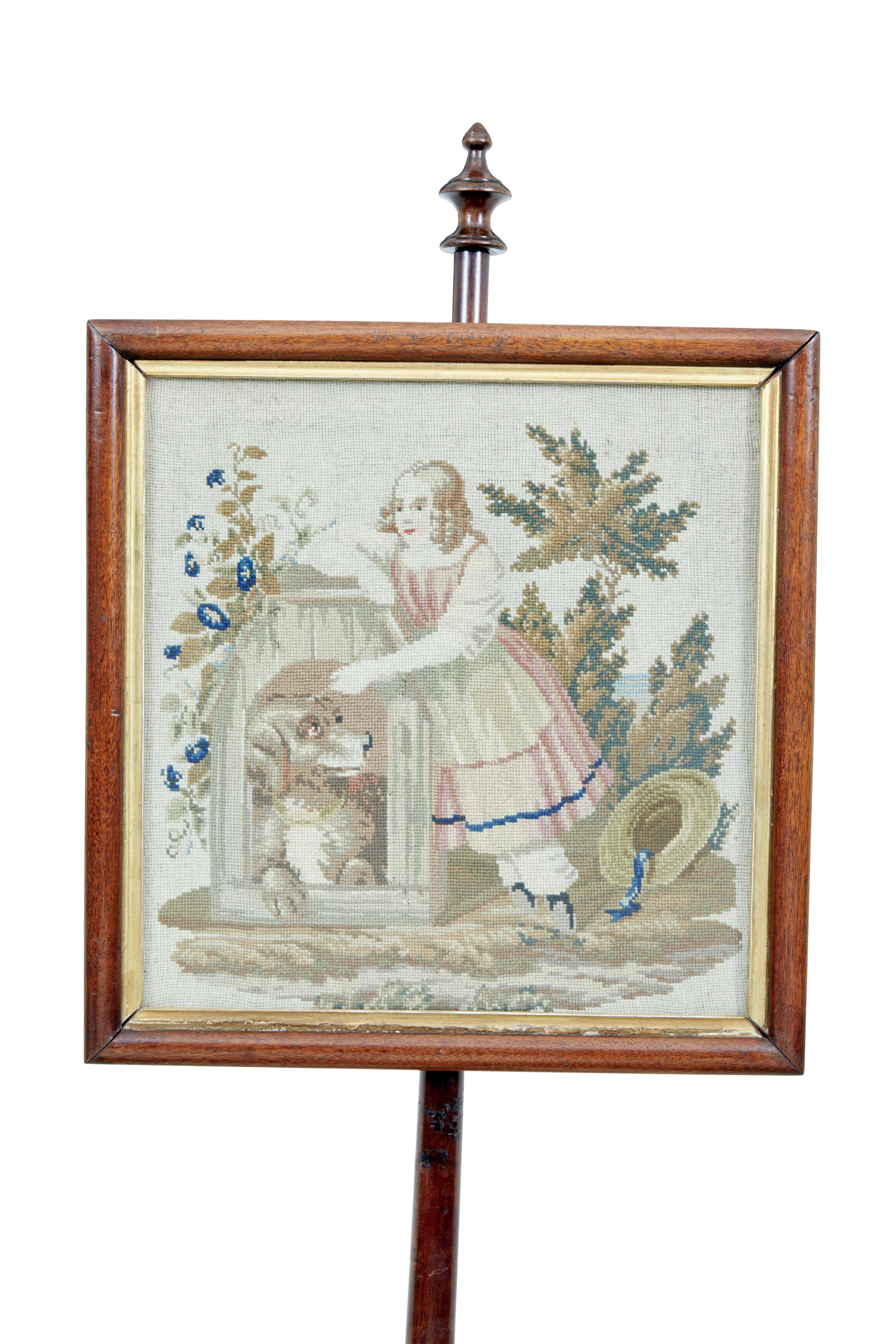 19th century William IV mahogany pole screen, circa 1830

Framed original tapestry depicting a young lady outside with a dog. Frame with gilt slip. Supported by a turned and carved stem, standing on a tripod base with flat bun feet.

Expected marks
