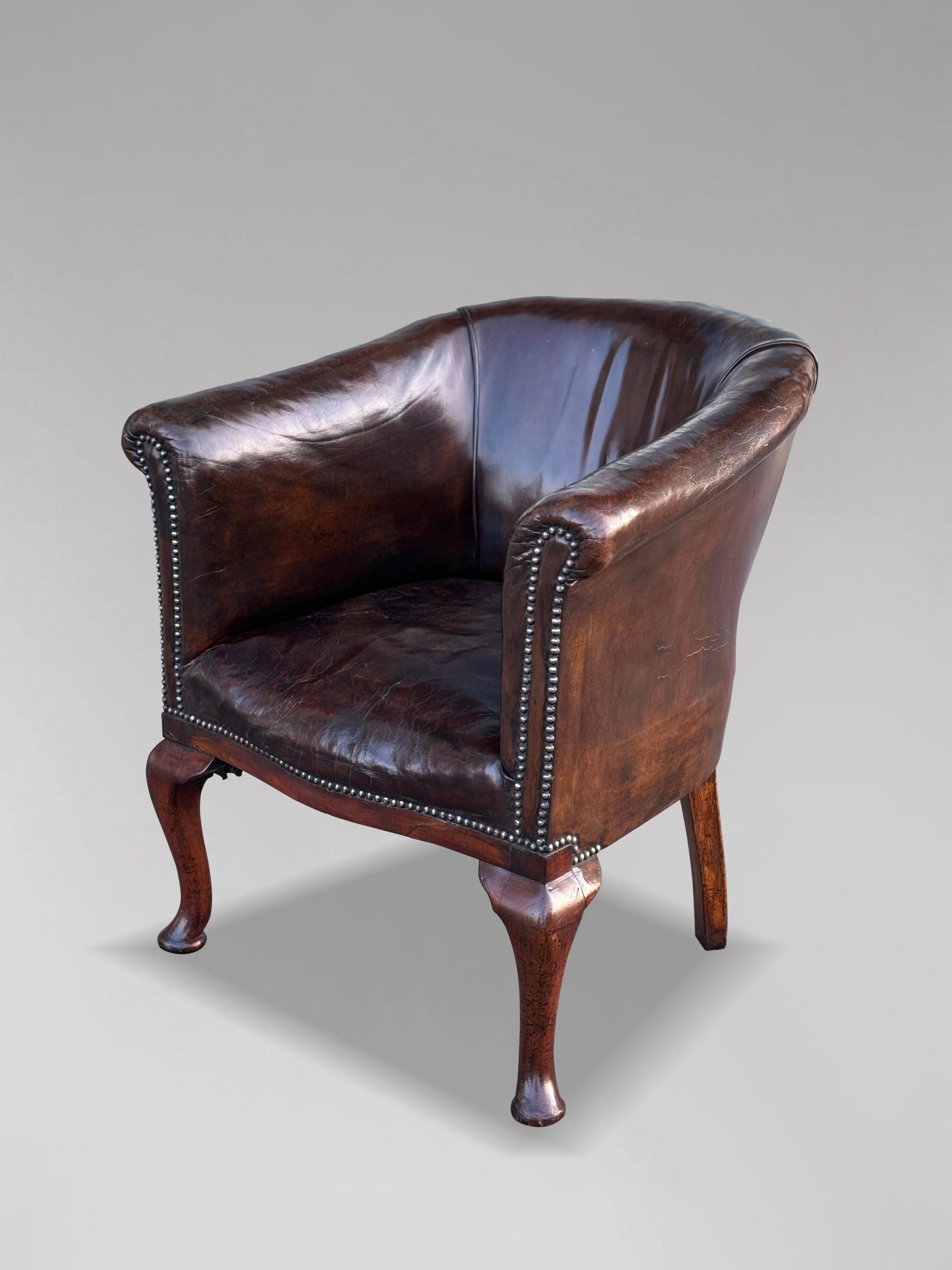 British 19th Century William IV Period Brown Leather Tub Desk Armchair