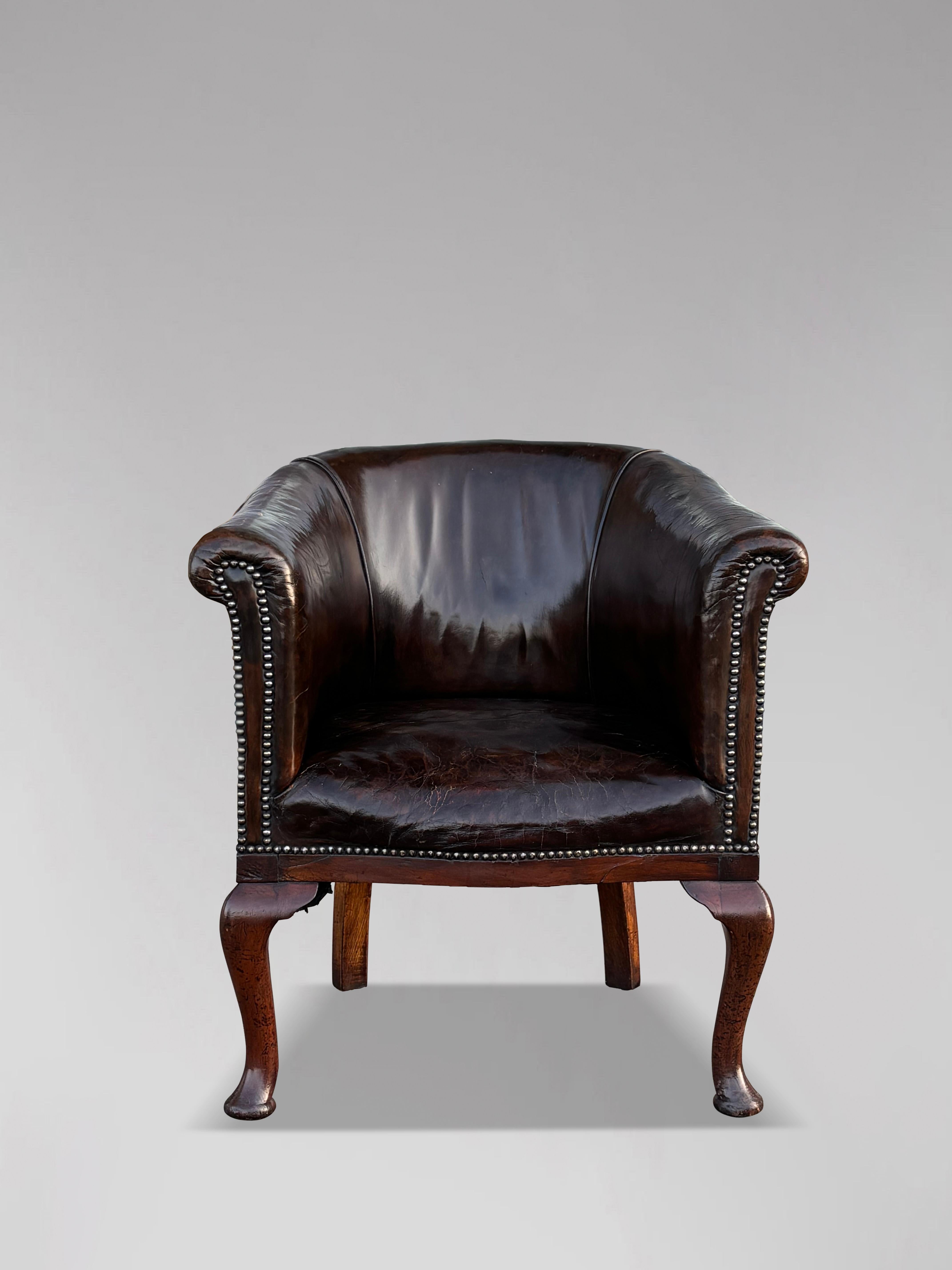 Hand-Crafted 19th Century William IV Period Brown Leather Tub Desk Armchair