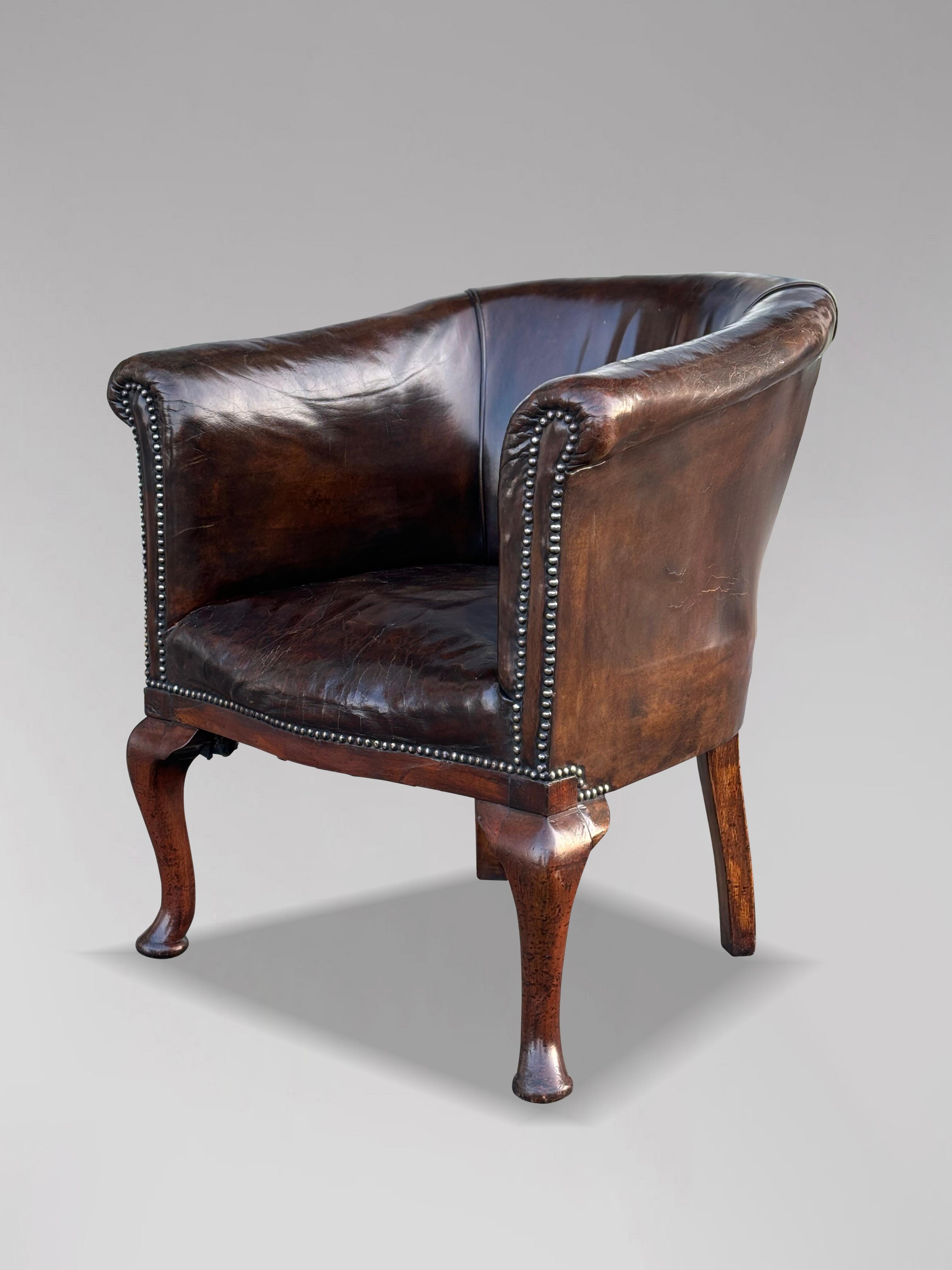19th Century William IV Period Brown Leather Tub Desk Armchair 1