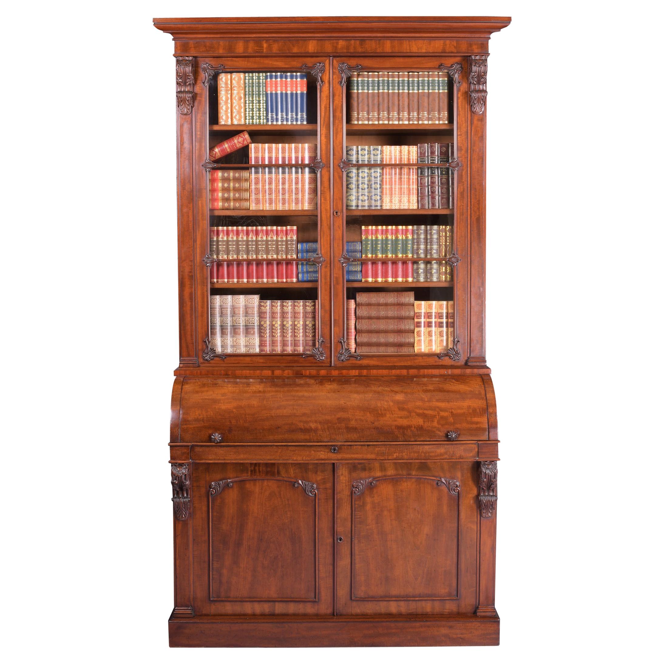 19th Century William IV Period Irish Cylinder Secretaire Bookcase