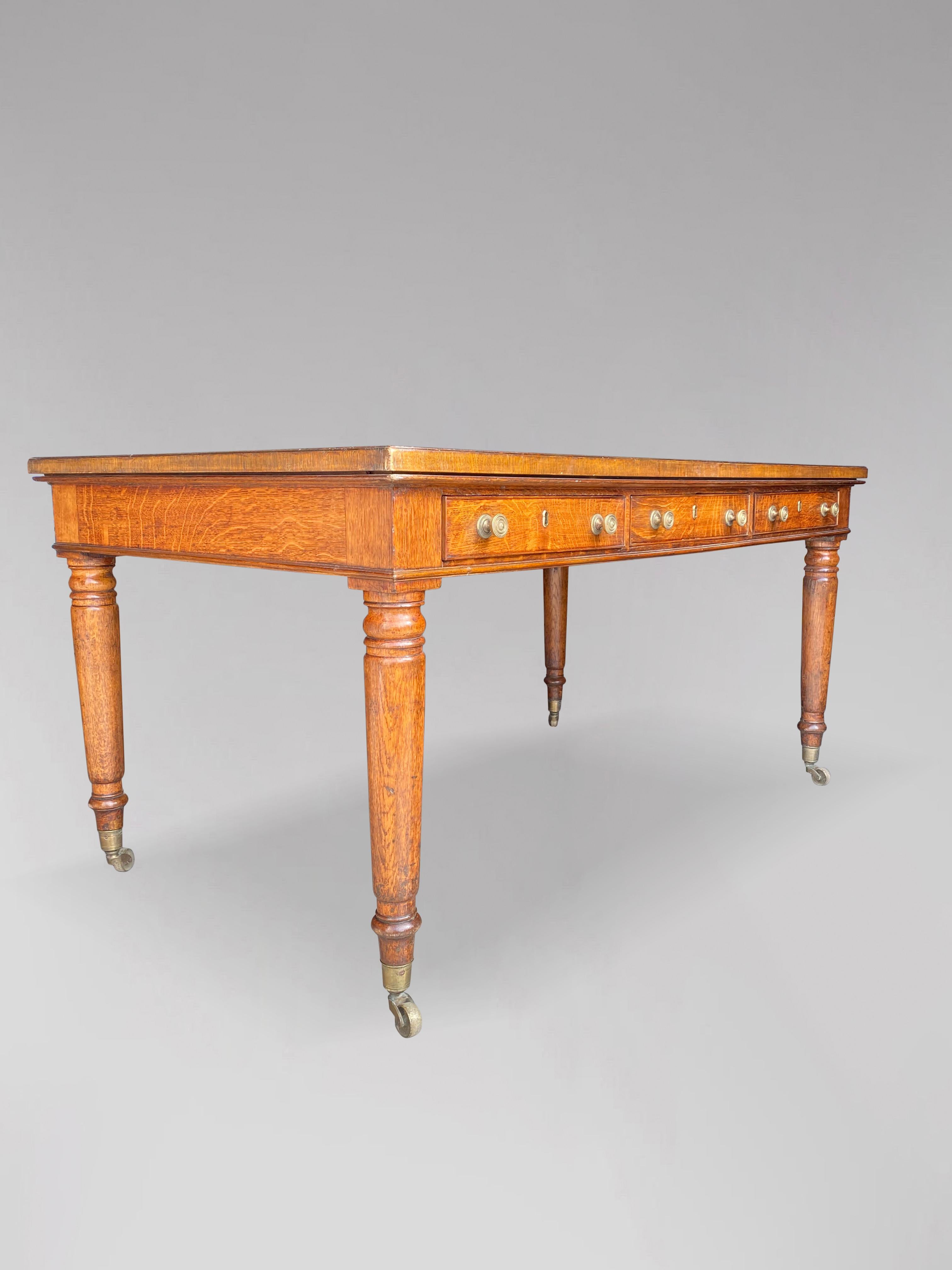 Brass 19th Century William IV Period Oak Partners Writing Table Desk