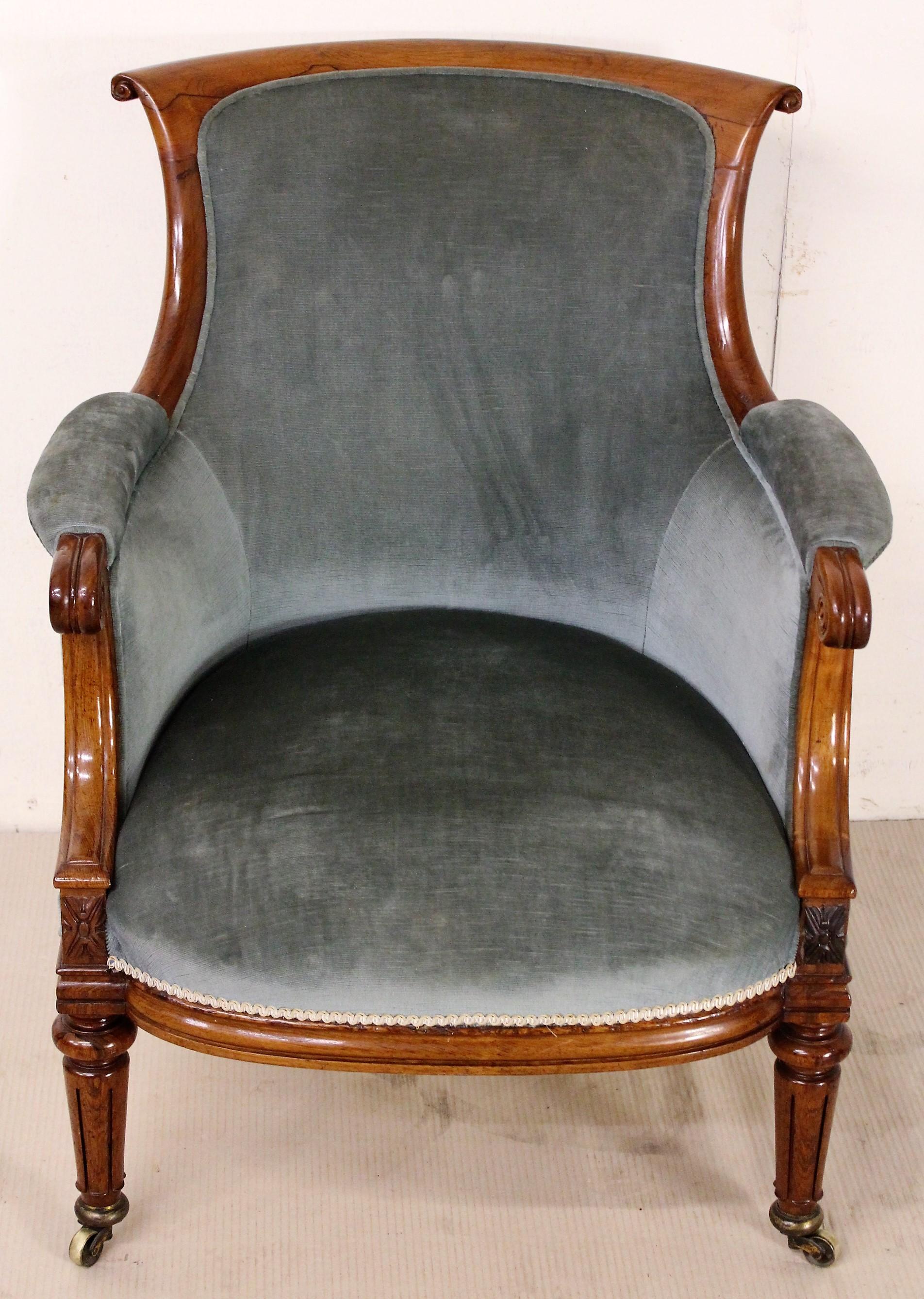 English 19th Century William IV Rosewood Upholstered Bergere Library Armchair