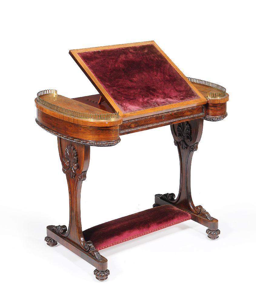 For sale is a fine quality William IV rosewood writing table, possibly Scottish, with velvet inset surface to the central ratchet action flap, the underside with remains a paper label which reads 