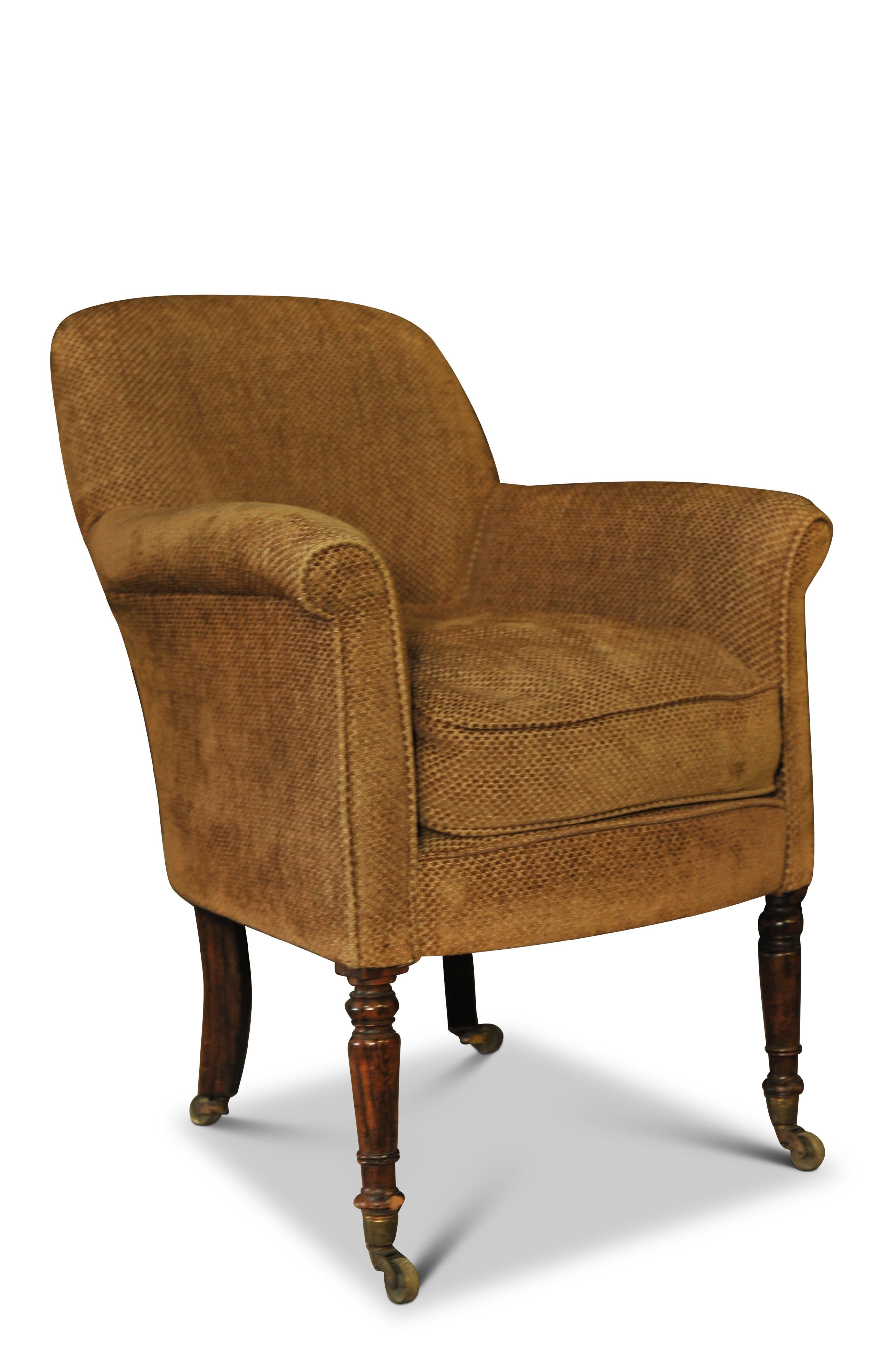Elegant 19th Century William IV Tub Chair On Original Brass Castors & Sabre Legs With A Chenille Upholstery.

Full chair height 87cm
Chair width arm to arm 66cm
Chair depth from front to most rear 81cm
Depth of under seat at 52cm

Seat depth front