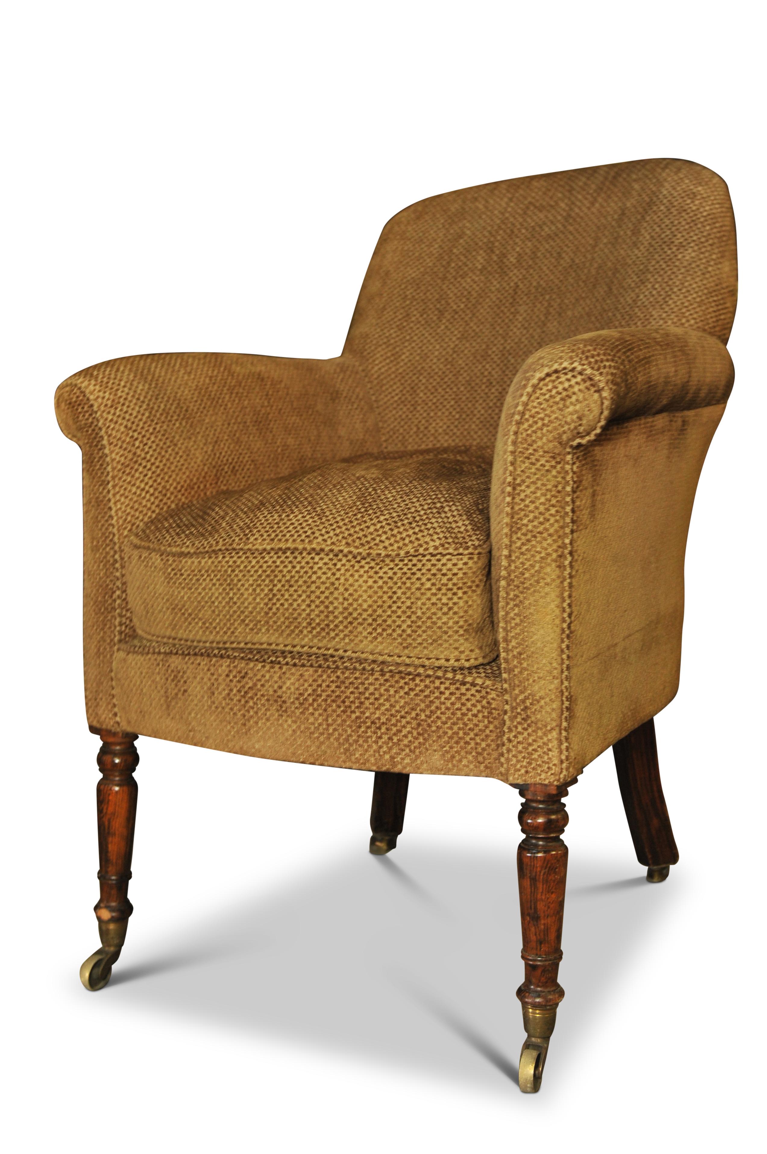 British 19th Century William IV Tub Chair On Brass Castors, Sabre Legs & Chenille Finish For Sale