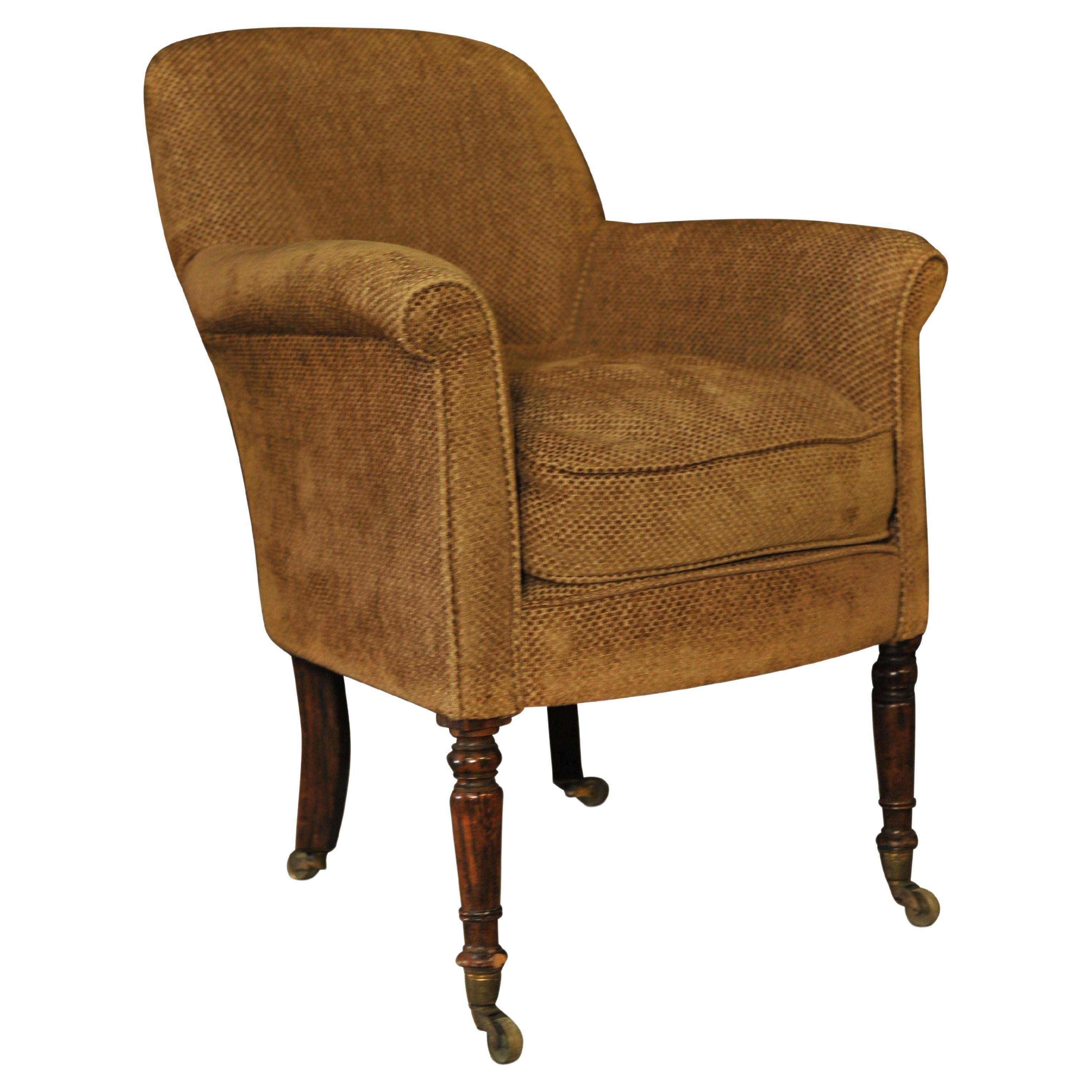 19th Century William IV Tub Chair On Brass Castors, Sabre Legs & Chenille Finish For Sale