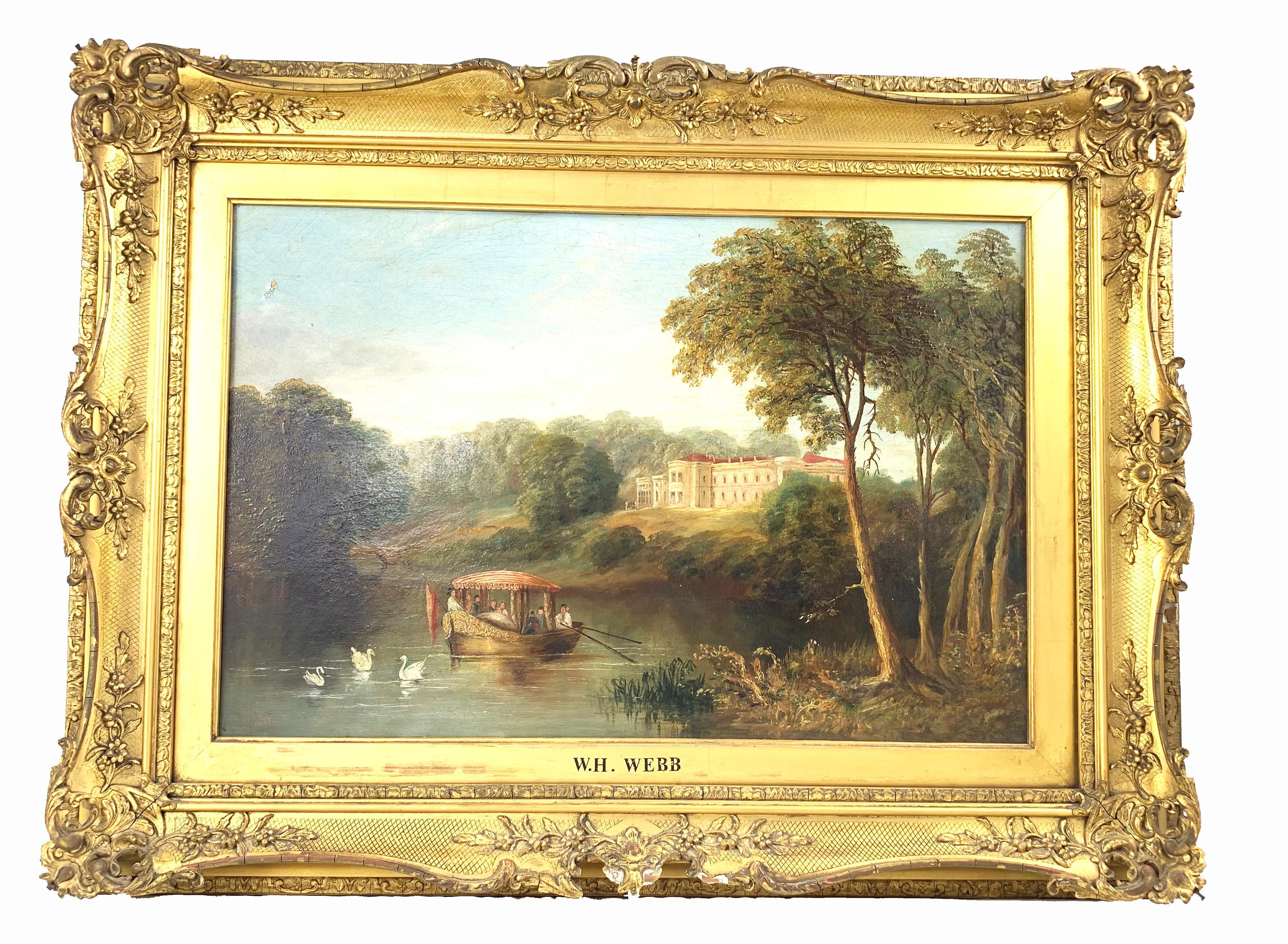 William H Webb oil on canvas. British 1862-1903. 

Figures boating on a lake. A country house in the background. Signed on the gilt frame.

William Webb
British 1862-1903

William Webb was born in Manchester in 1862 and was almost entirely a