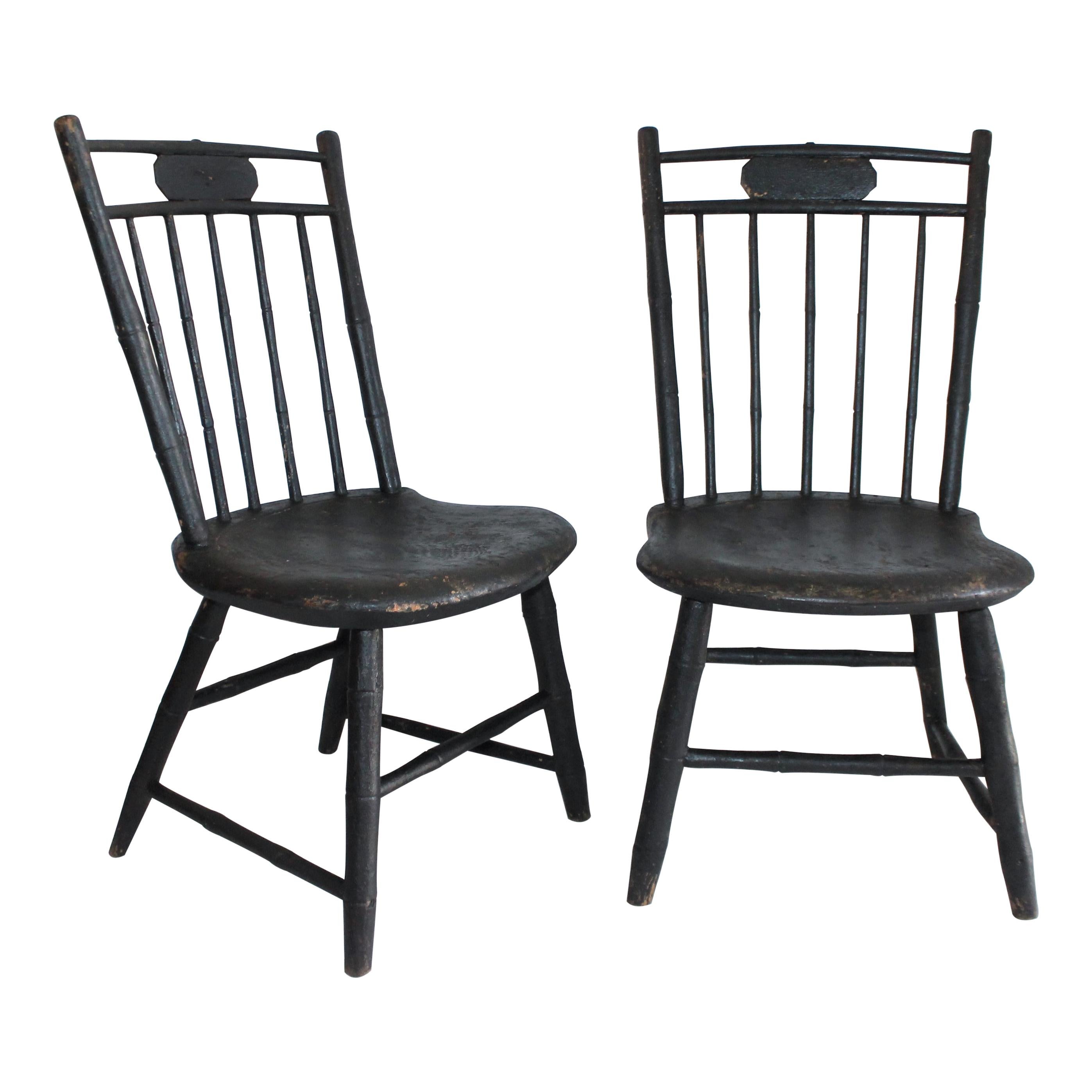 19th Century Windsor Children's Chairs in Black Painted Surface, Pair