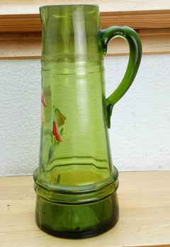 19th Century Wine Juice Jug Handblown Green Glass Beautiful Hand-Painted Flowers