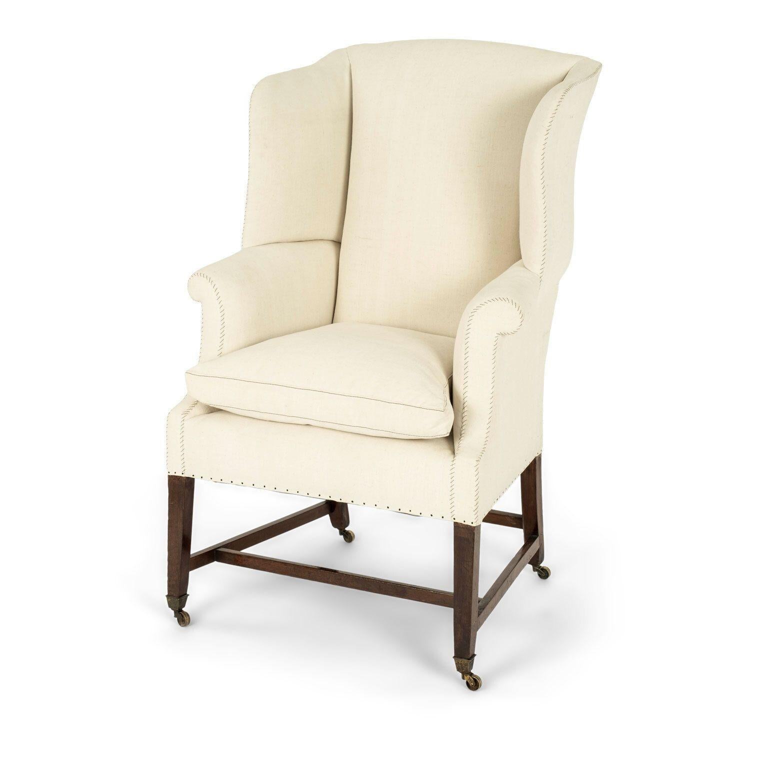 19th Century Wingback Upholstered in Antique Off-White Linen 3