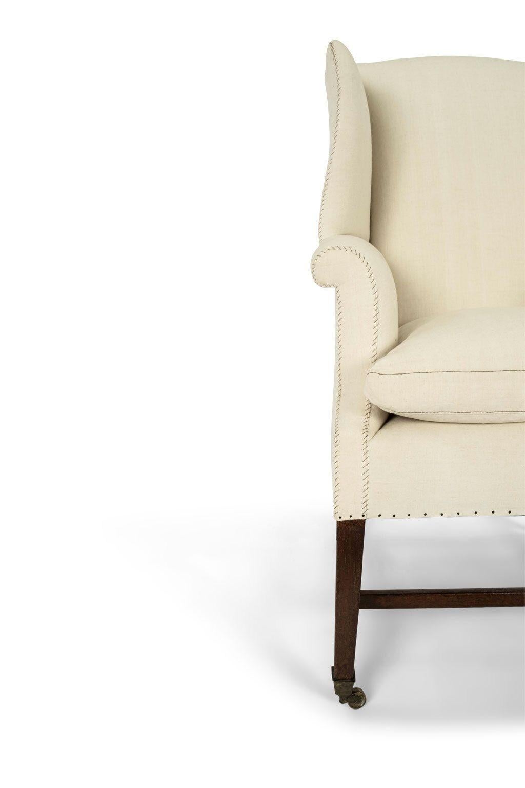 George III 19th Century Wingback Upholstered in Antique Off-White Linen