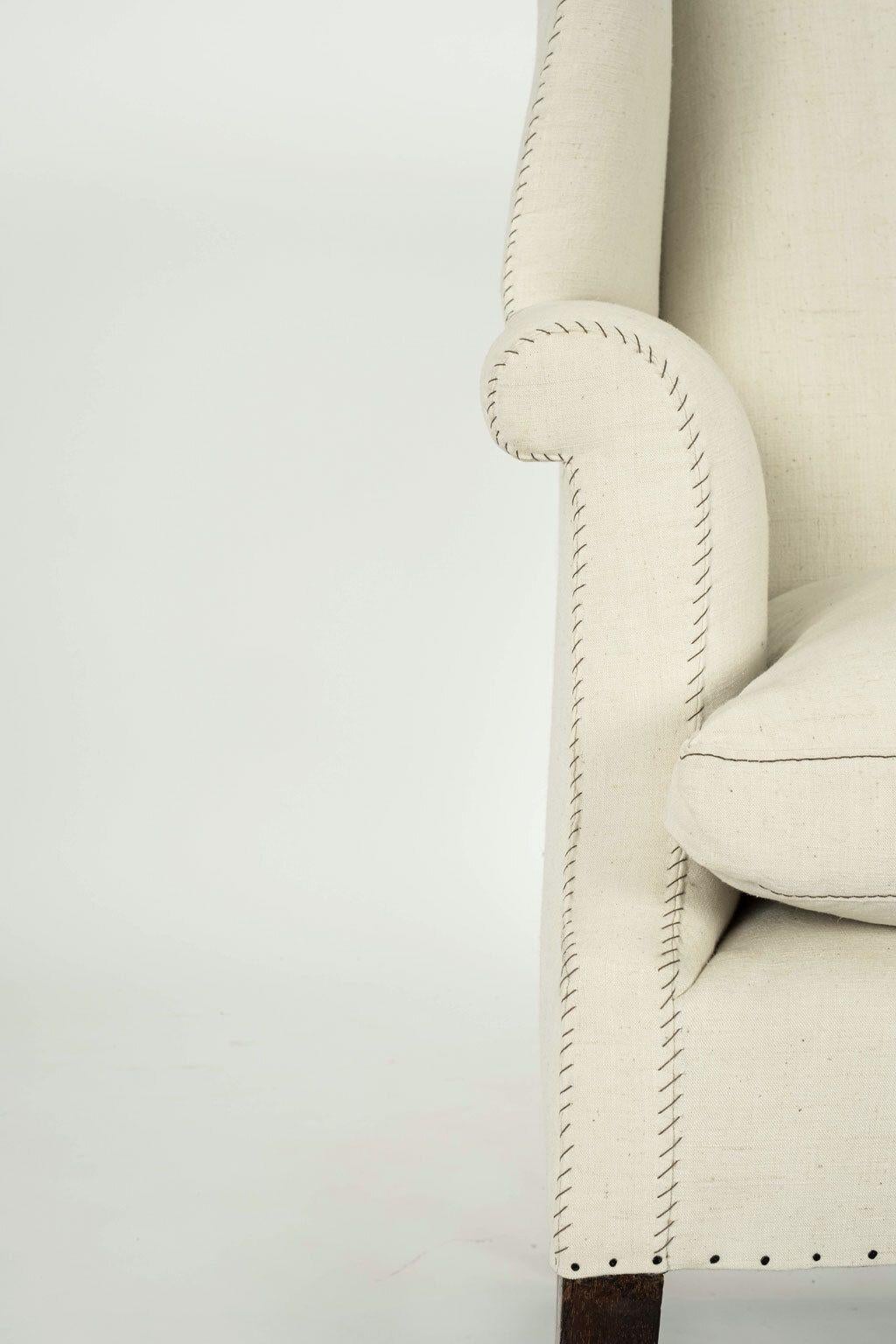 English 19th Century Wingback Upholstered in Antique Off-White Linen