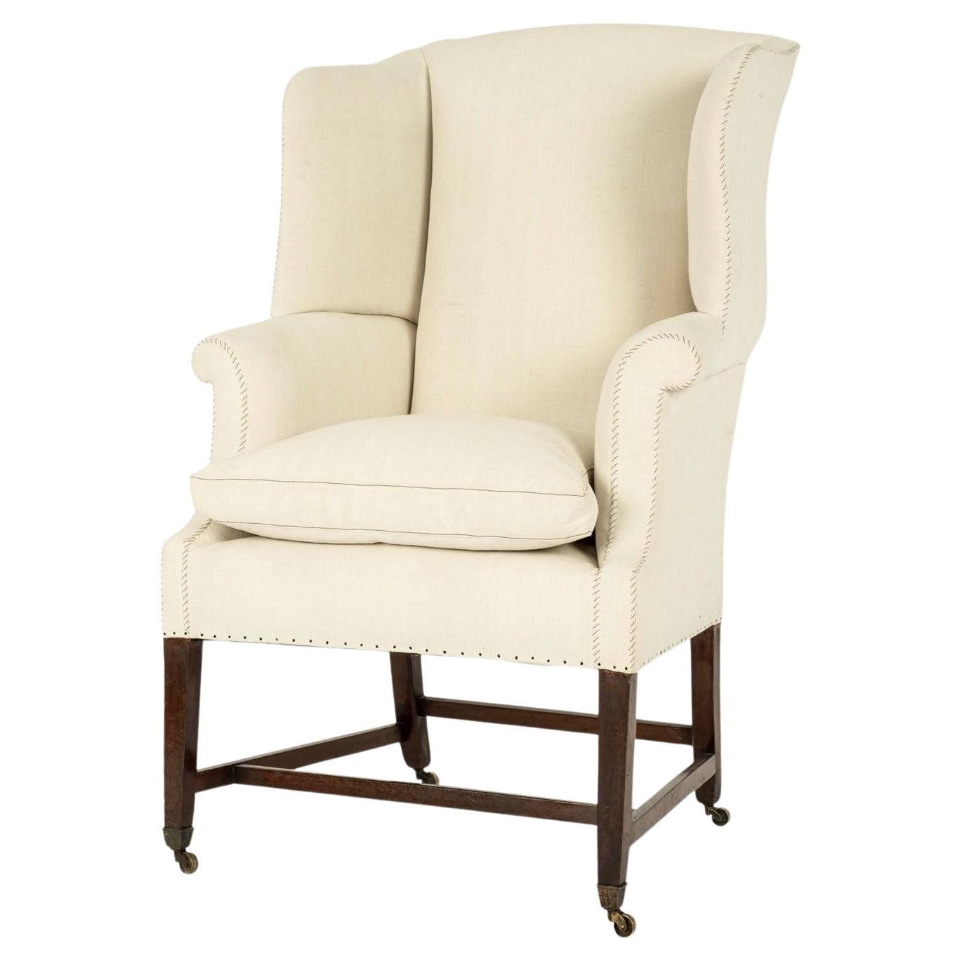 19th Century Wingback Upholstered in Antique Off-White Linen