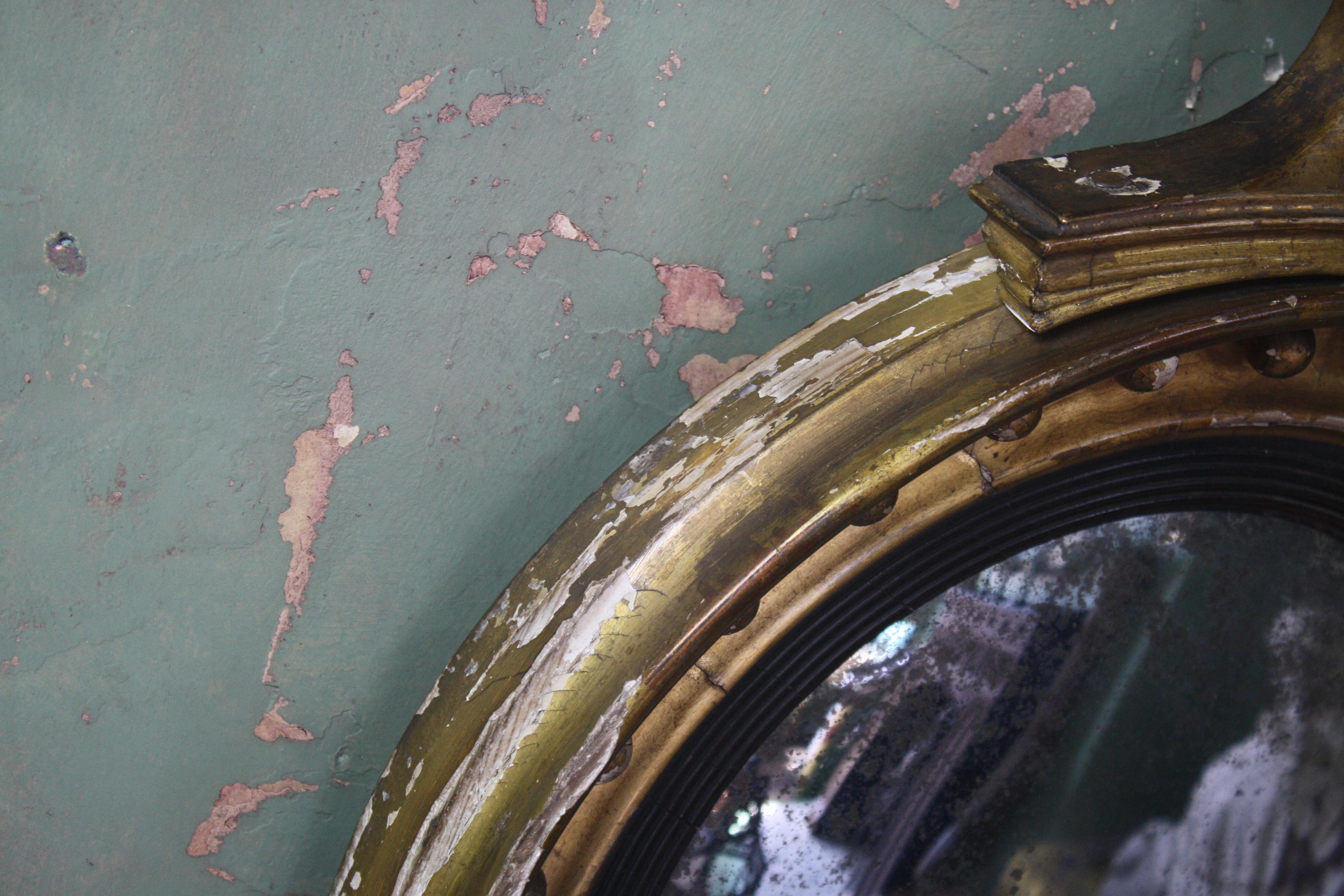 19th Century Winged Regency Style Naturally Distressed Convex Mirror 7