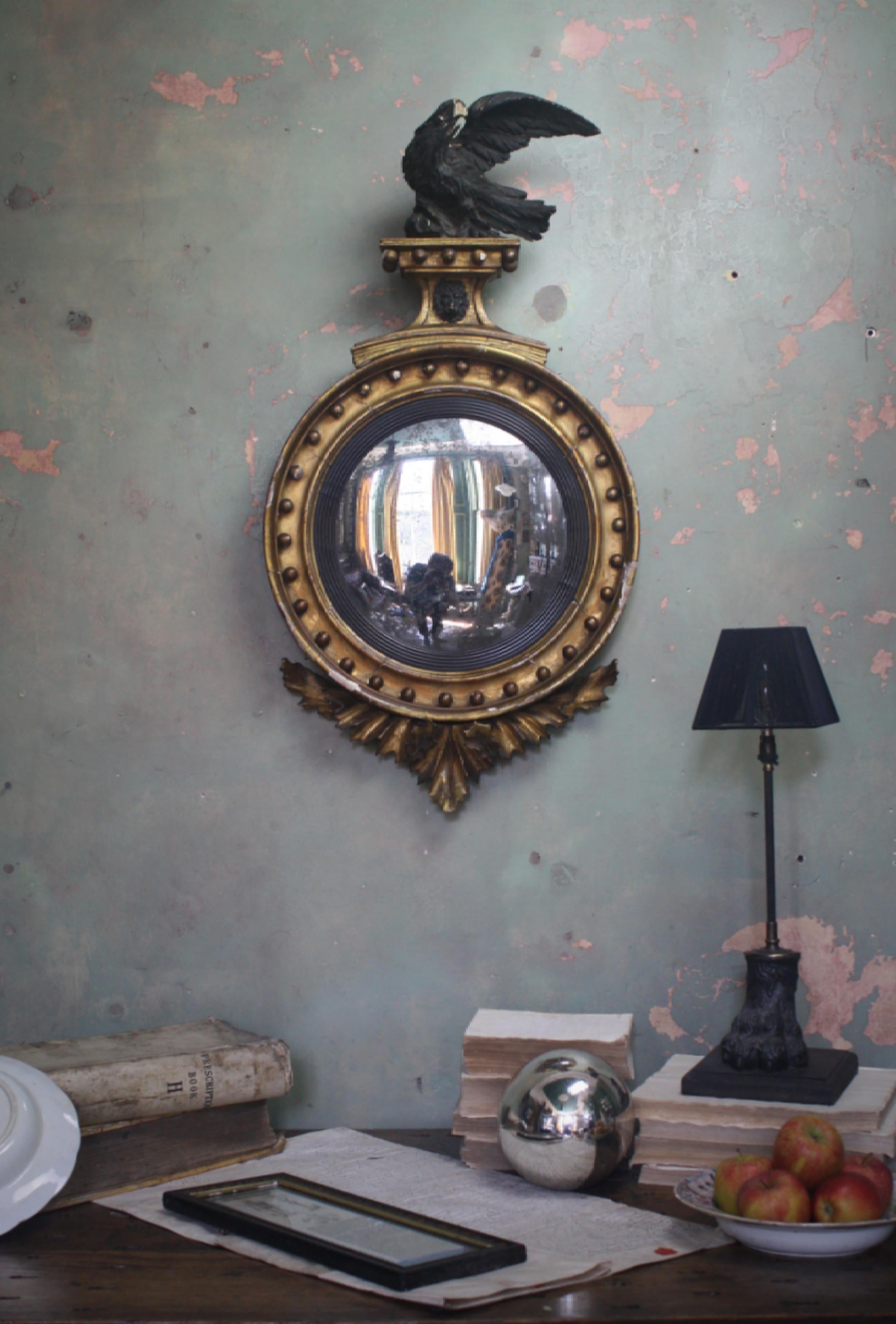 19th Century Winged Regency Style Naturally Distressed Convex Mirror 4