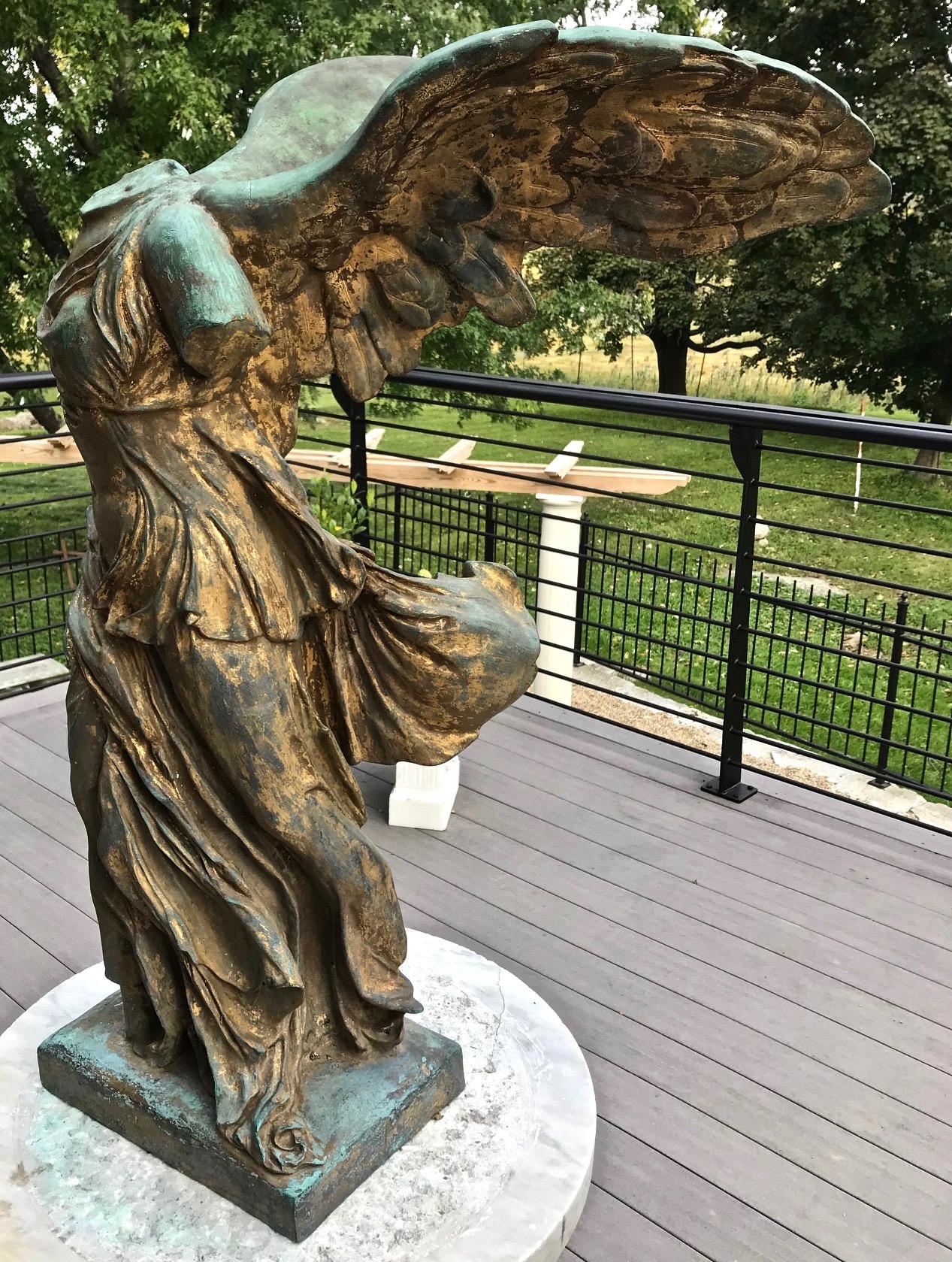 A 19th century French patinated bronze sculpture of the Nike of Samothrace. 

Copied from The Winged Victory of Samothrace, also called the Nike of Samothrace, a marble Hellenistic sculpture of Nike (the Greek goddess of victory), that was created