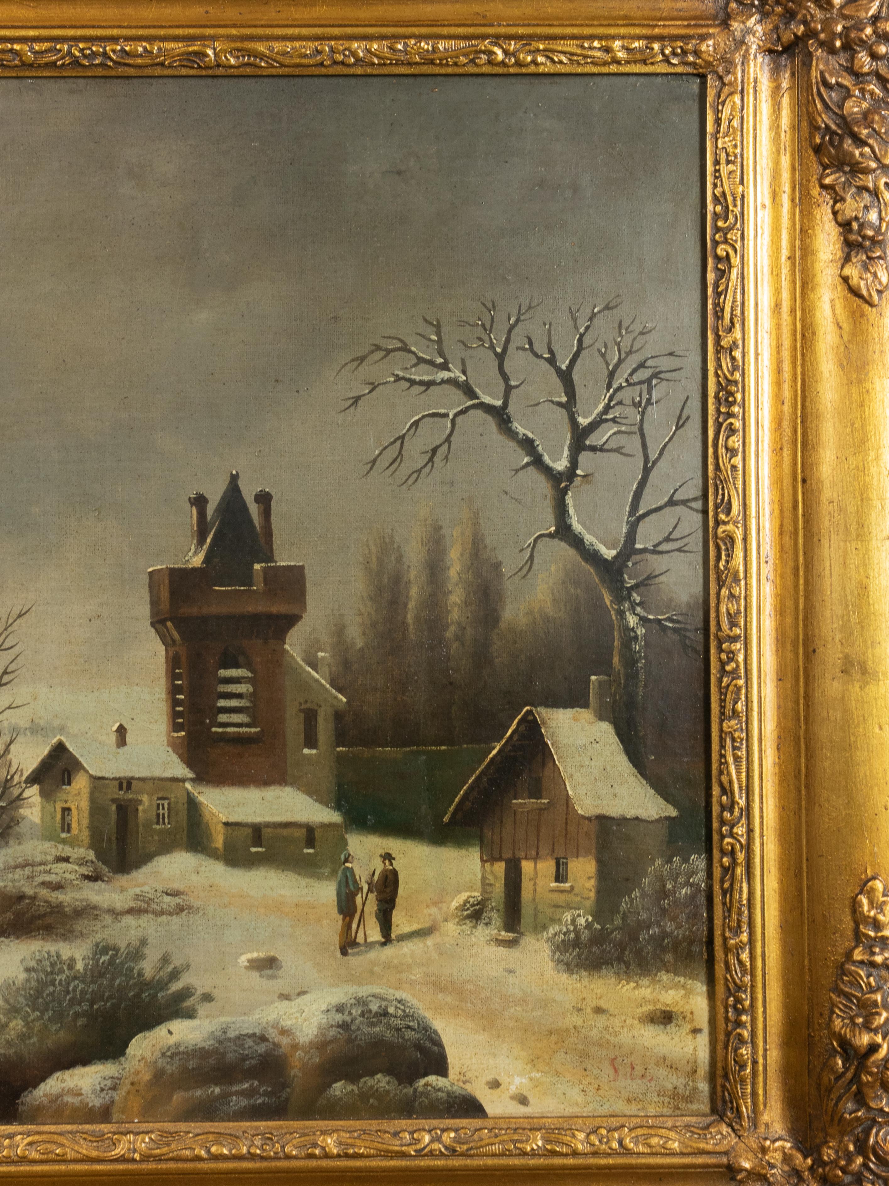 Une évocation sombre et remarquable de la peinture d'hiver flamande, de style baroque, représentant un groupe de personnes se promenant au bord d'une rivière, entourées d'un paysage aride et glacial. L'ambiance de la composition est mélancolique,