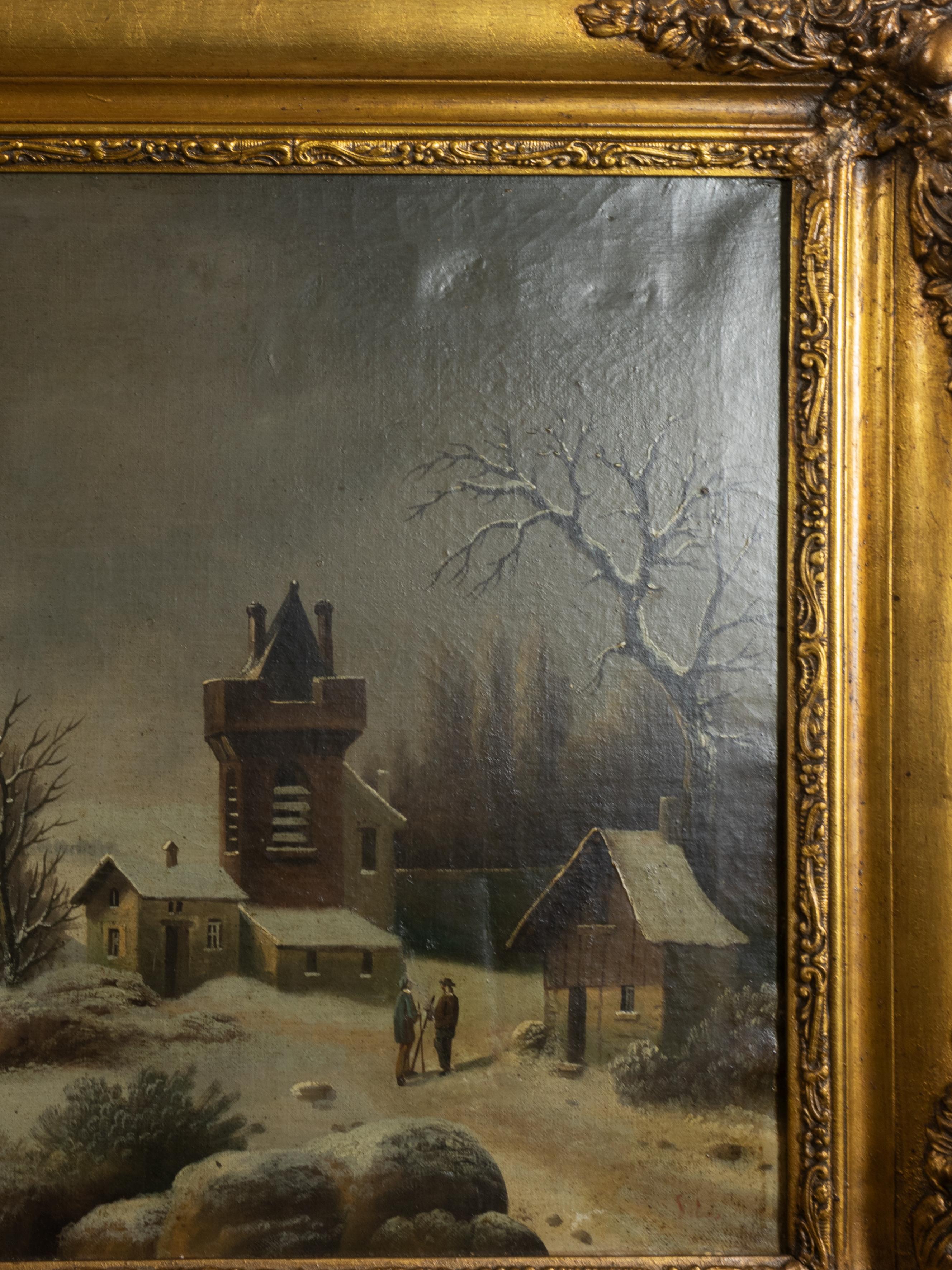 Una notevole evocazione cupa della pittura invernale fiamminga, in stile barocco, che raffigura un gruppo di persone che passeggiano lungo la riva di un fiume, circondati da un paesaggio arido e gelido. L'atmosfera della composizione è malinconica: