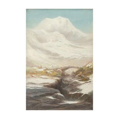 19th Century Winter Scene in North Wales Painting Pastel on Wood by Sibley