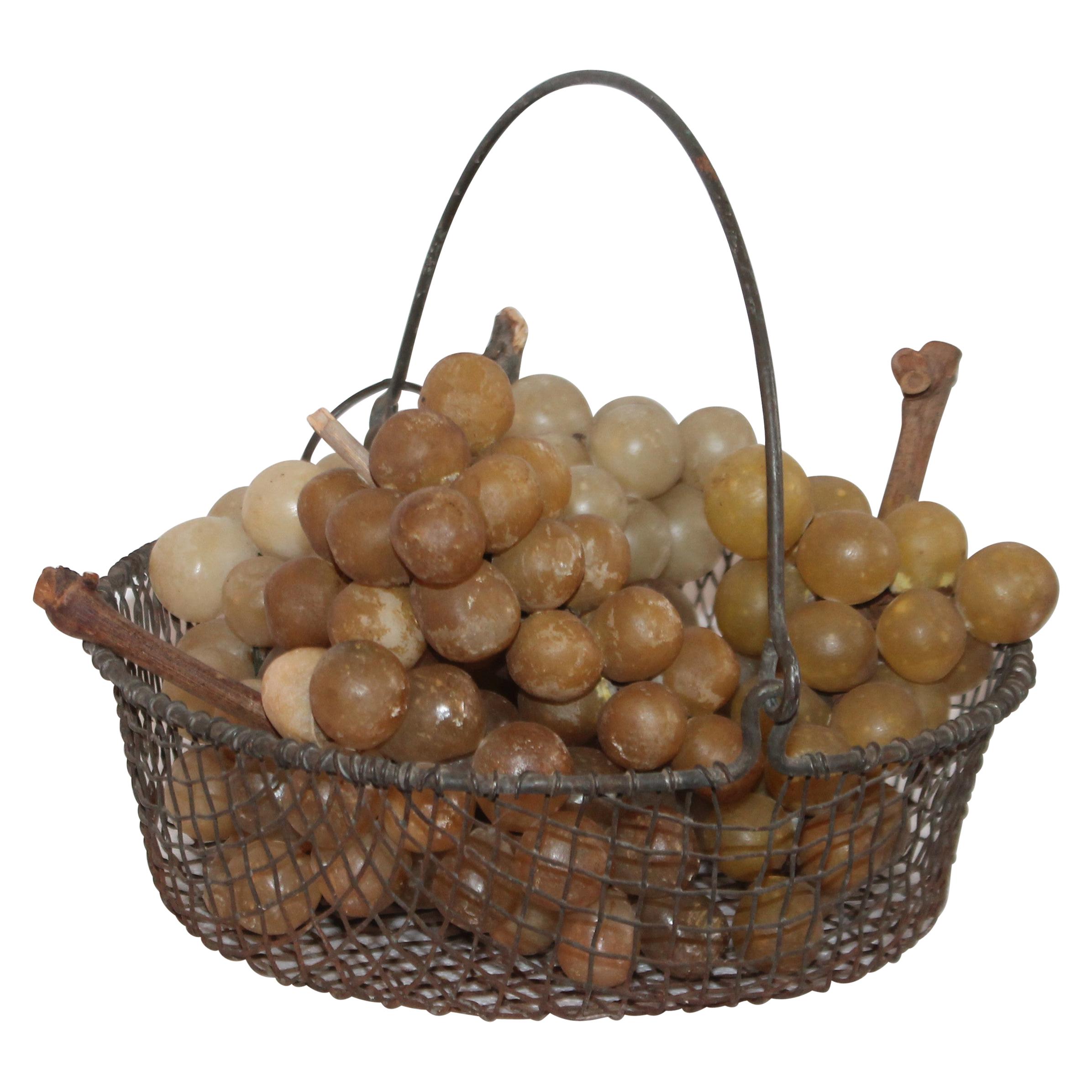19th Century Wire Basket with Collection of Alabaster Grapes