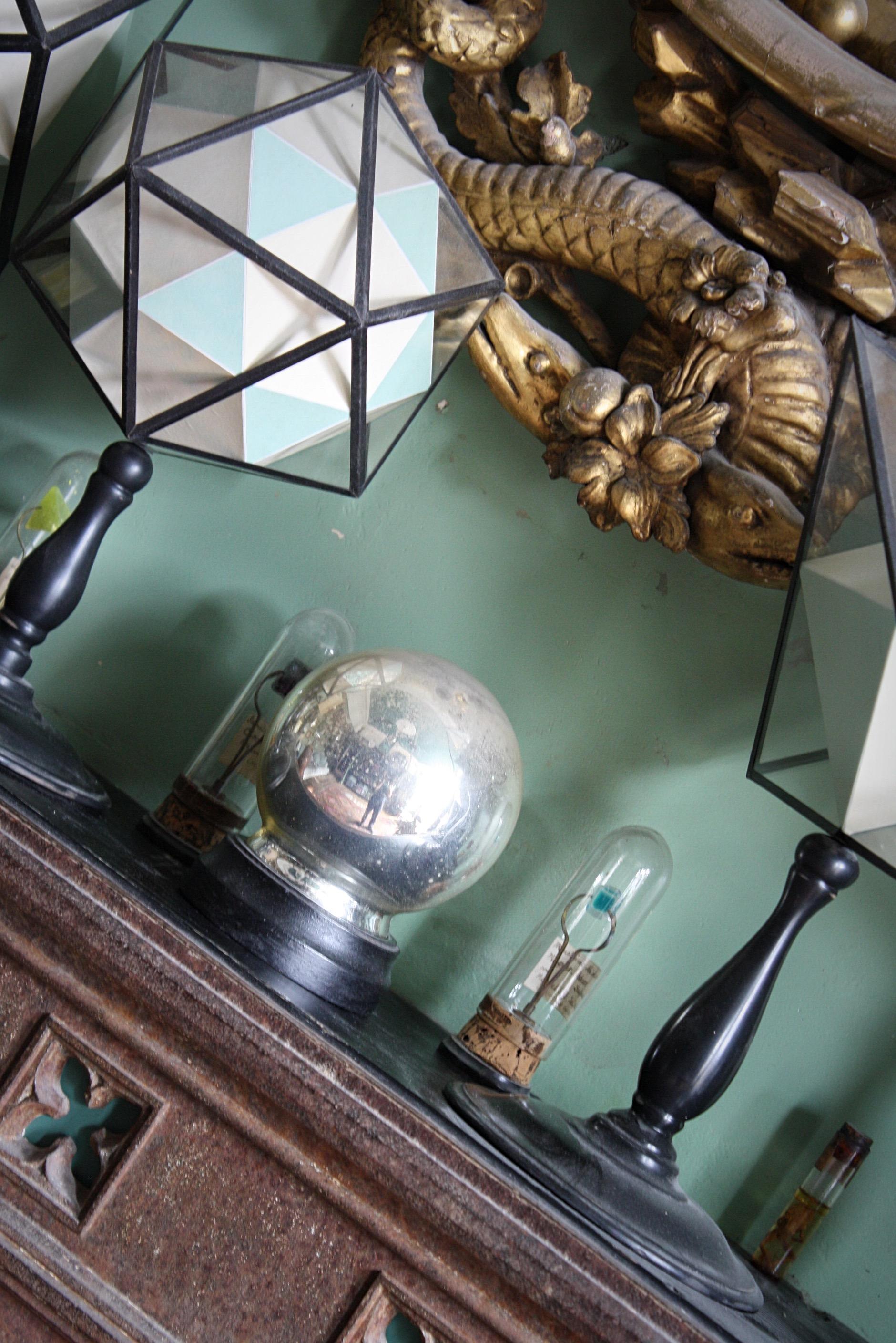 English 19th Century Witches Optical Scientific Mirror Ball & Ebonised Stand 