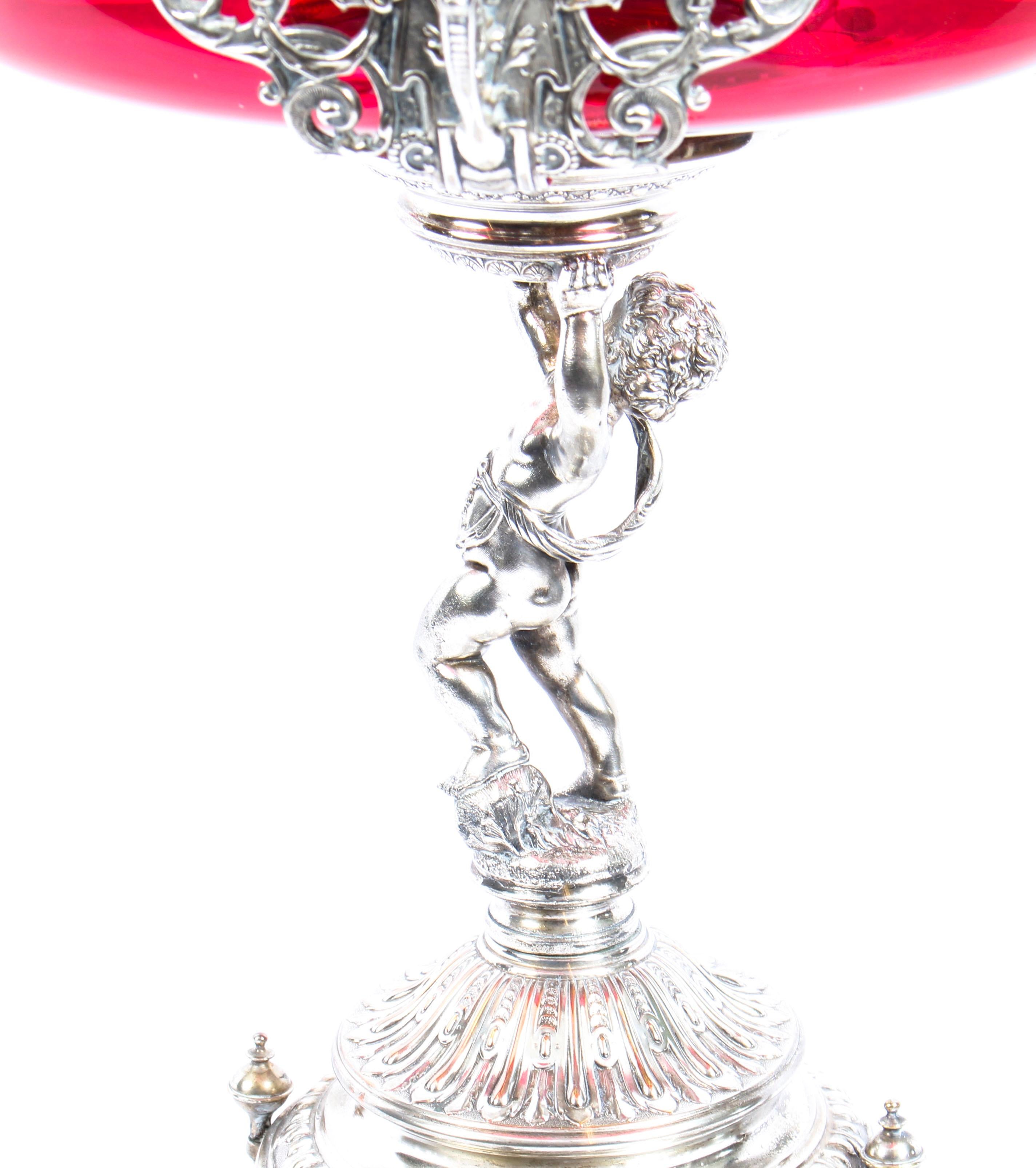 19th Century WMF Art Nouveau Silver Plated Centrepiece Cranberry Glass 1