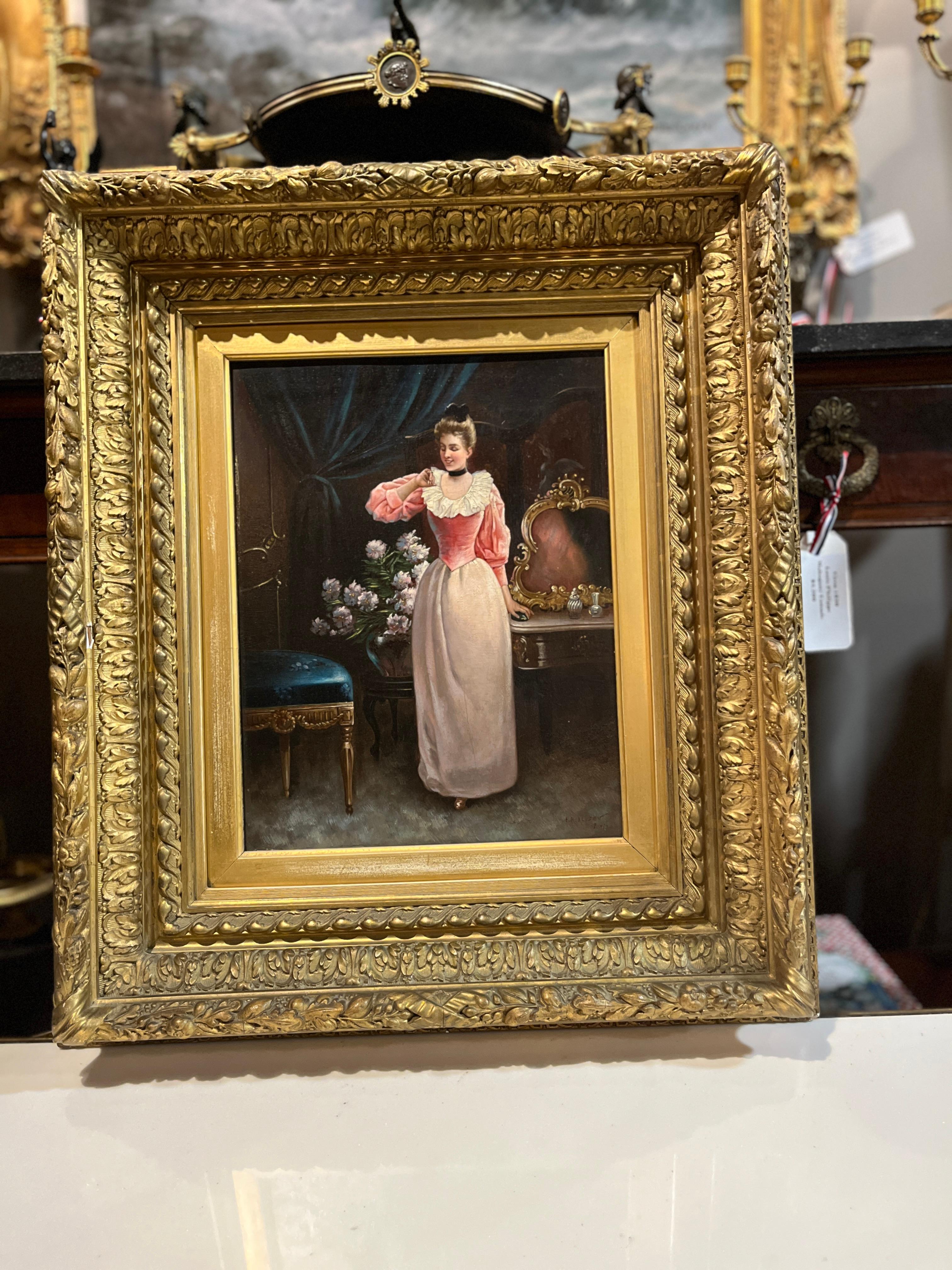 „Frau, die einen Ring betrachtet“, 19. Jahrhundert, von F.R. Alison. Wunderschönes Werk in Öl auf Platte. Siehe detaillierte Bilder. Kontaktieren Sie uns für weitere Informationen.