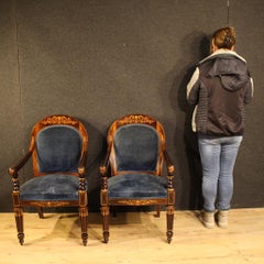 19th Century Wood and Blue Fabric French Charles X Armchairs, 1830