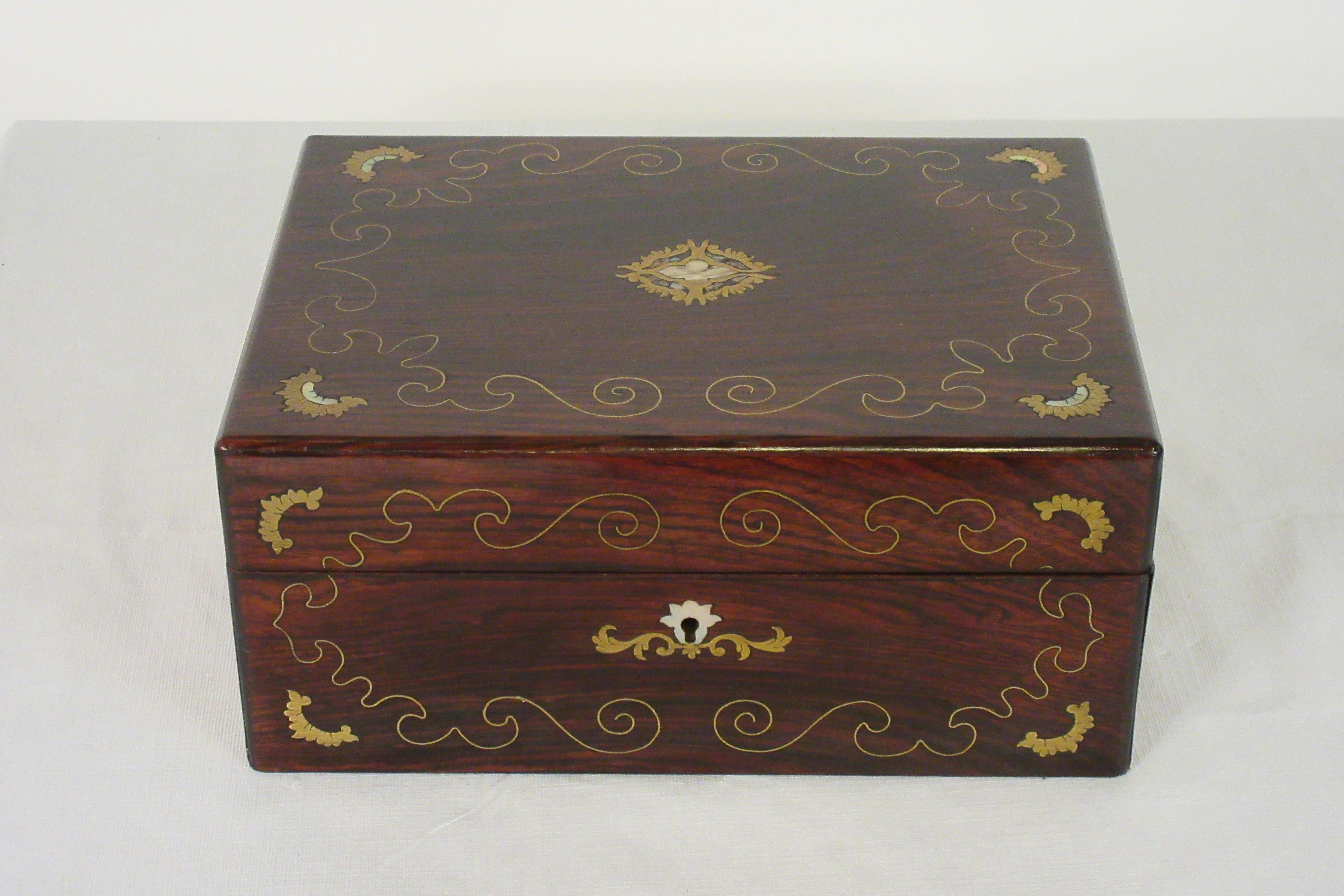 19th century wood and brass inlaid mother of pearl box.