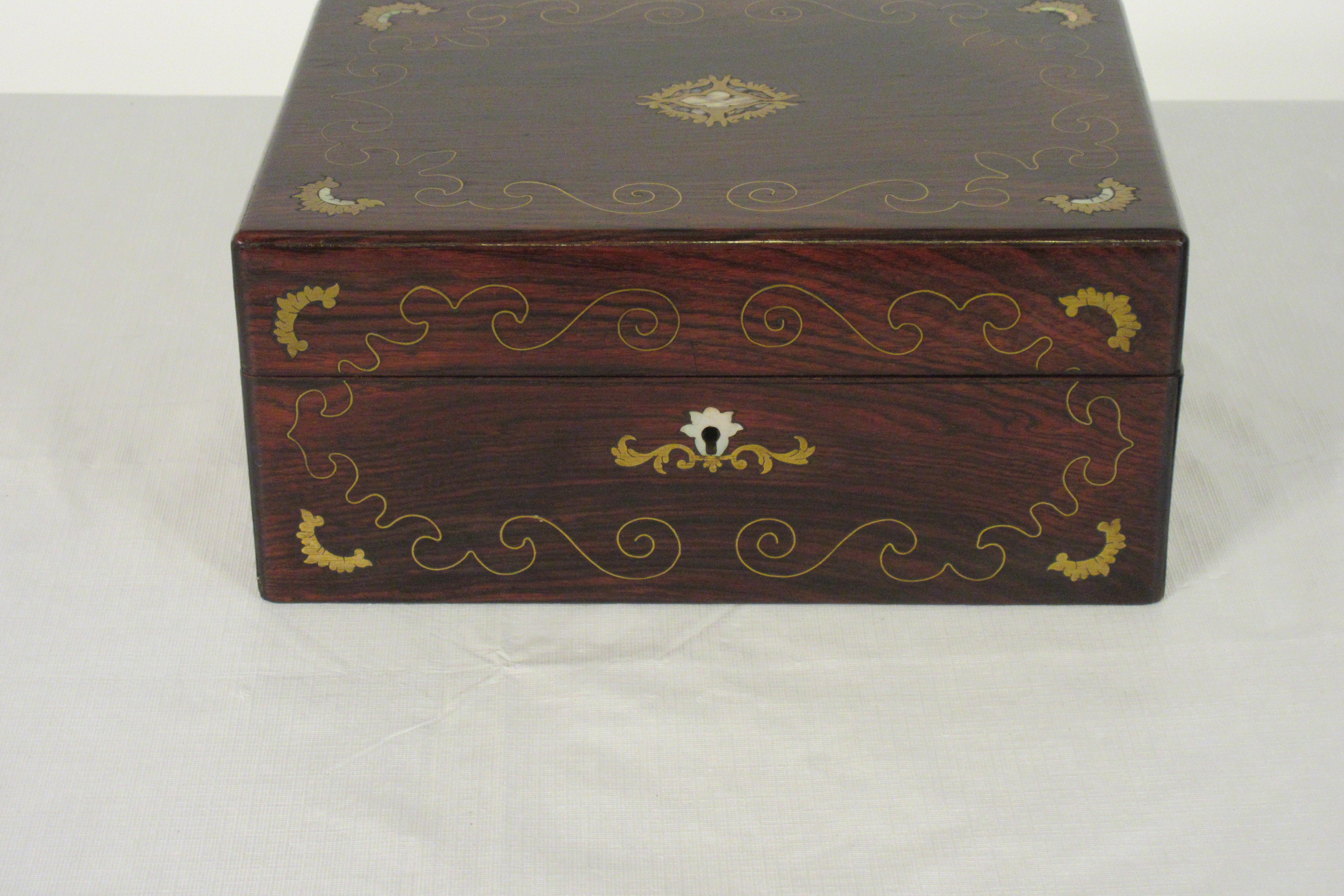 19th Century Wood and Brass Inlaid Mother of Pearl Box 1